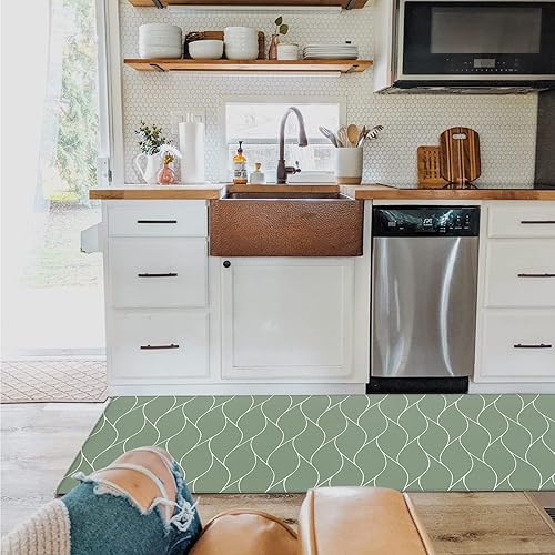 Miniatura 3 de Alfombras de pasillo, decoración de granja con patrón geométrico verde salvia, antideslizante, de perfil bajo, alfombra de pasillo para entrada,