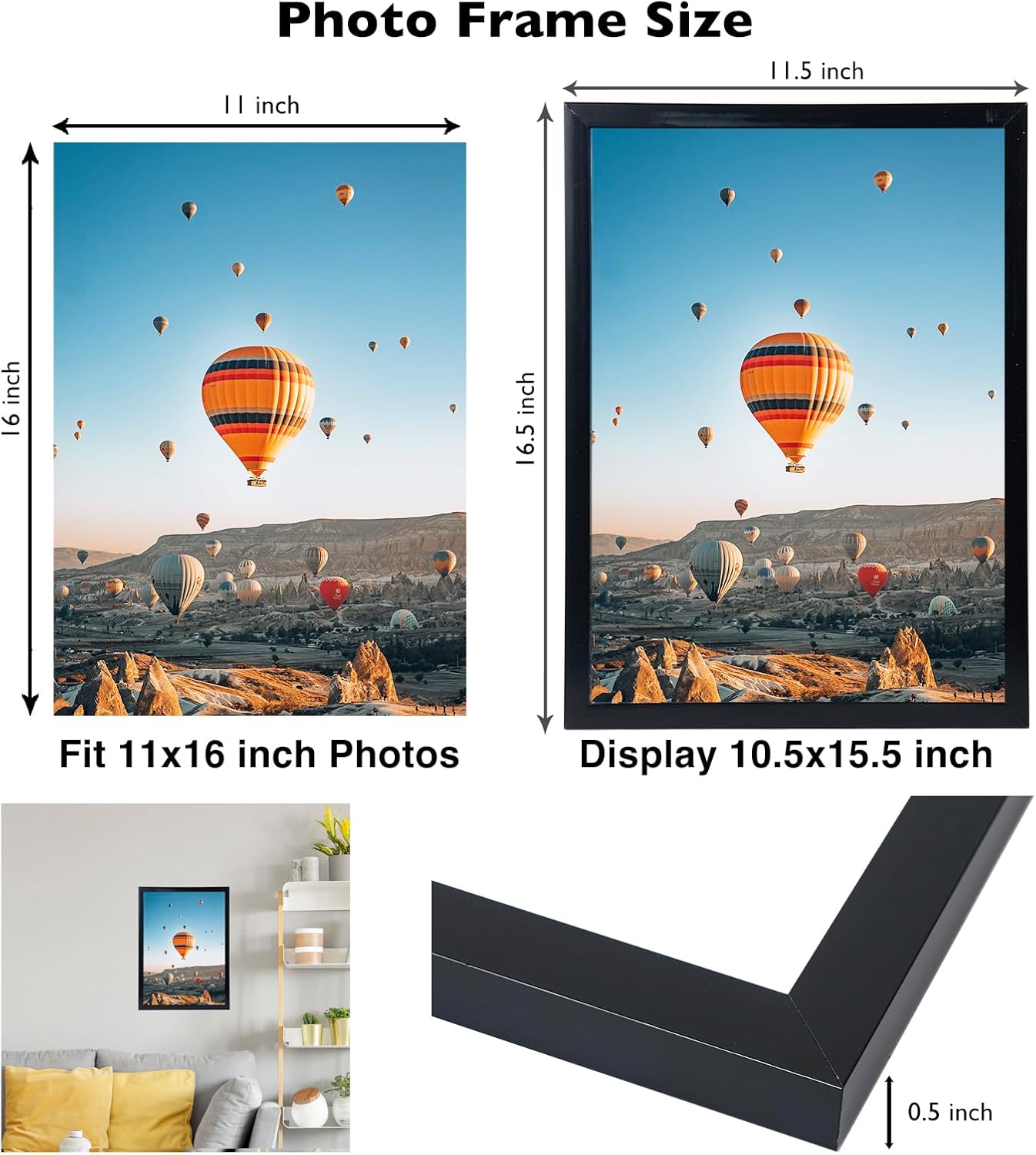 JCJMY 11x16 Black Picture Frame Set of 6, Horizontal and Vertical Formats for Wall Hanging, 11 x 16 Wall Gallery Poster Photo Frames with Shatter Resistant Plexiglass, 6 Pack, Black