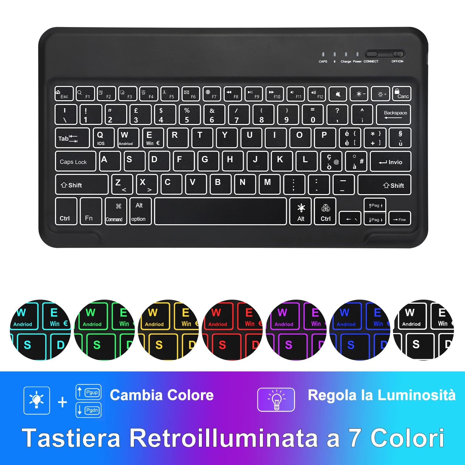 JADEMALL Custodia Con Tastiera Italiana Per IPad 10.2" (7a/8a/9a Gen) E IPad Pro 10.5" - Touchpad, Retroilluminazione 7 Colori, Bluetooth, Nero - 2