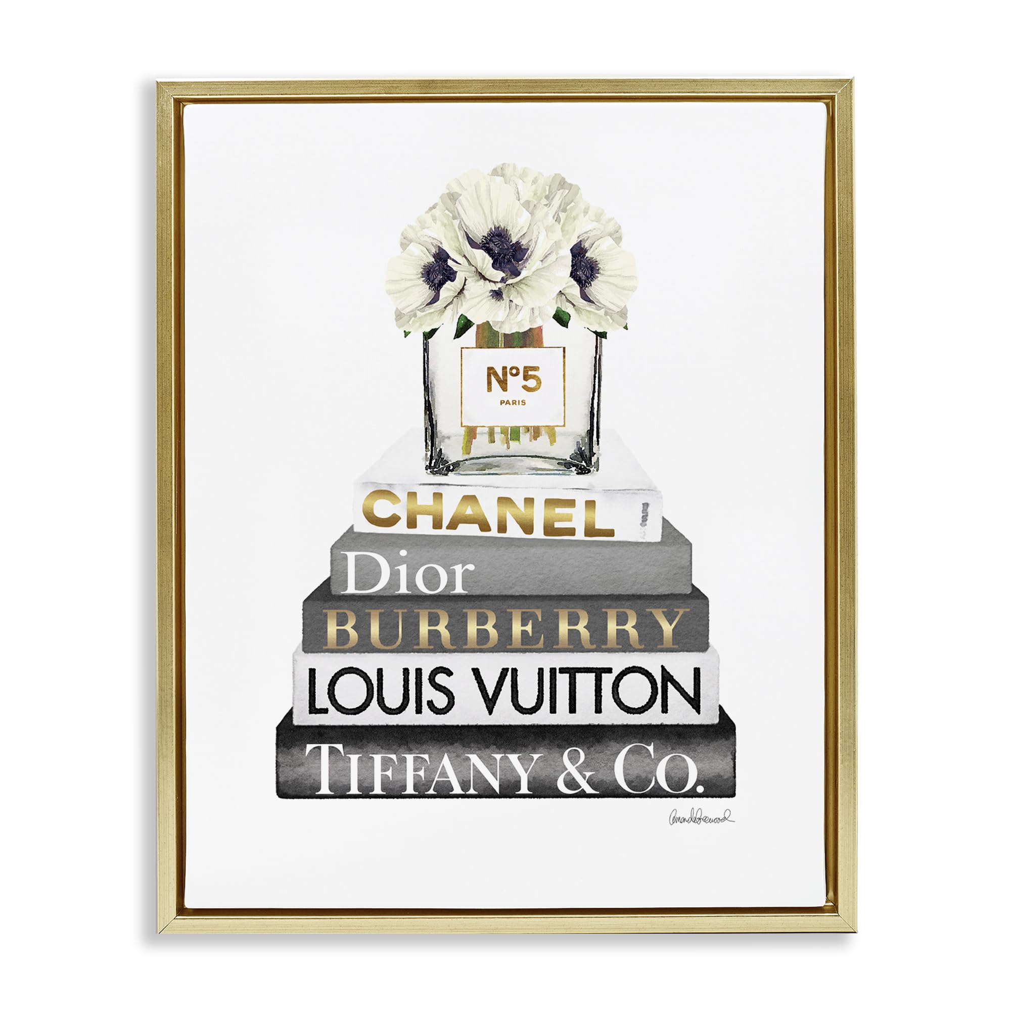 'White Poppies Grey Fashion Books'| Floating Frame Canvas Art