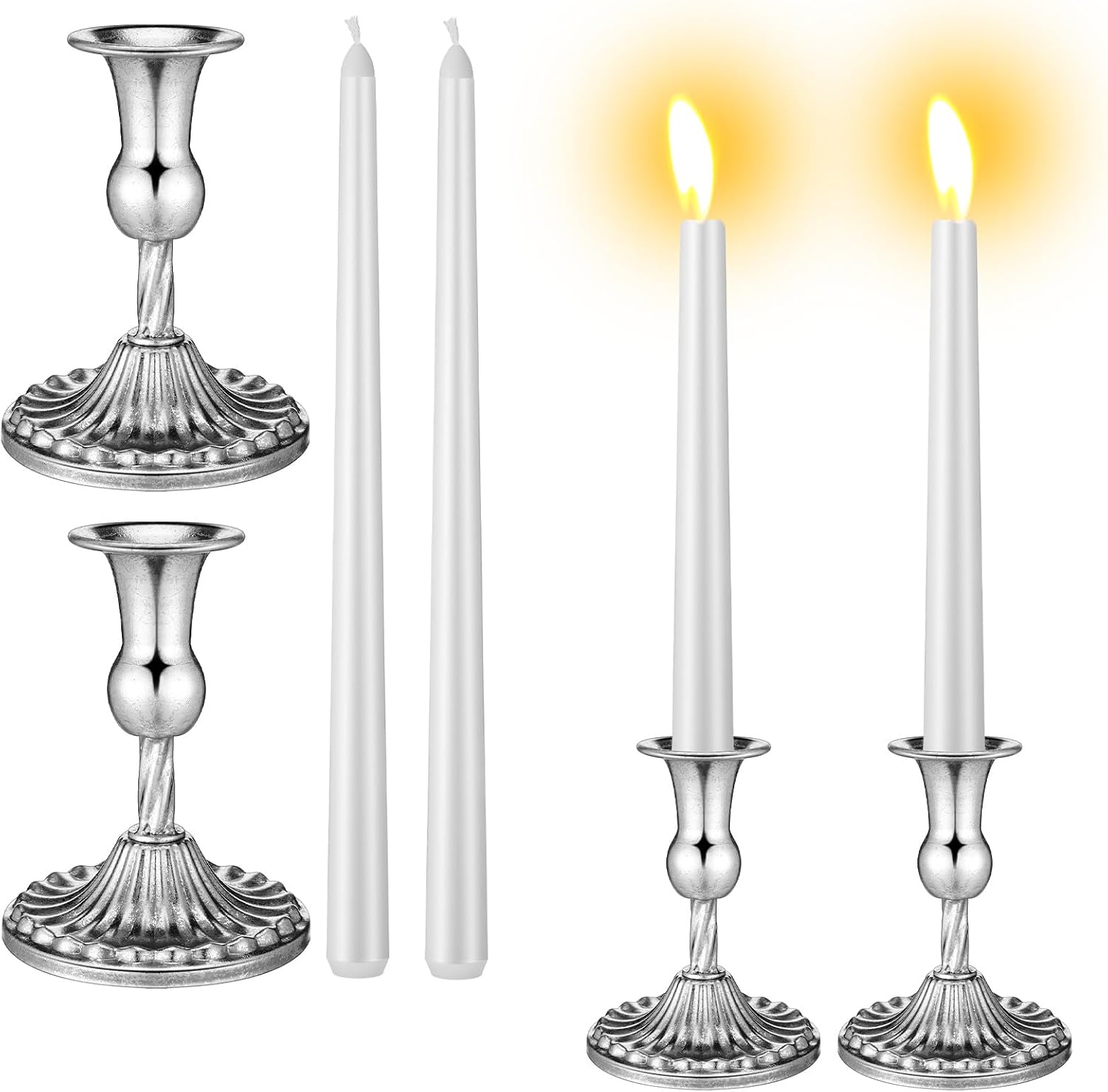 Jingmore Passover Shabbat Candles Set Including 4 Pcs White Passover Seder Candles and 2 Pcs Retro Silver Printed Plated Candlesticks Total 10 Hours Burn Time Seder Night Passover Theme Table Decor