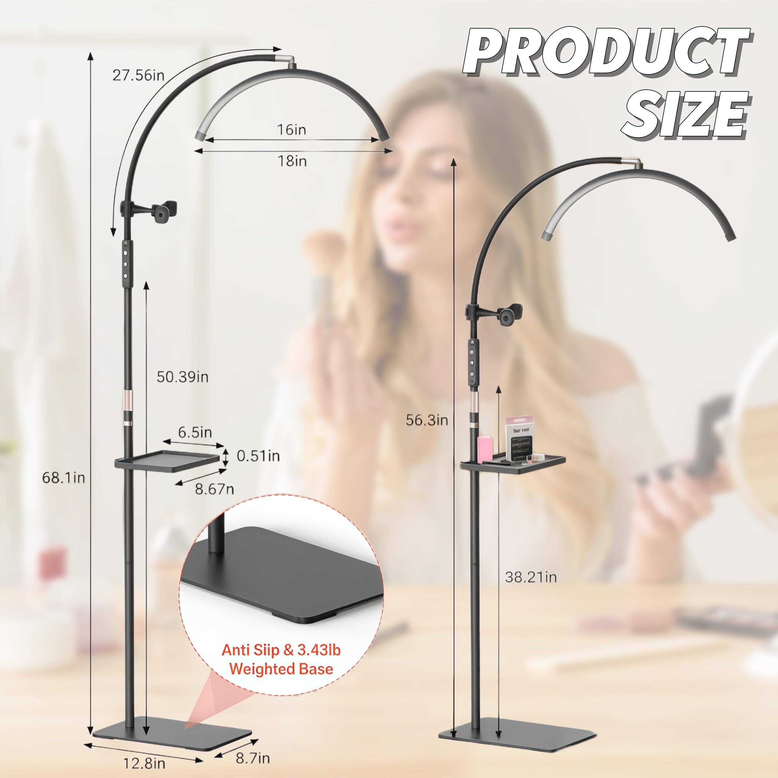 Halbmond Lampe Kosmetik, 320° Drehbarer Kosmetiklampe mit 3 Farbtemperaturen, Kosmetik Lampe Stehend, Höhenverstellbar Wimpernlampe für Wimpernverlängerung Make-up Tattoos Nageldesign