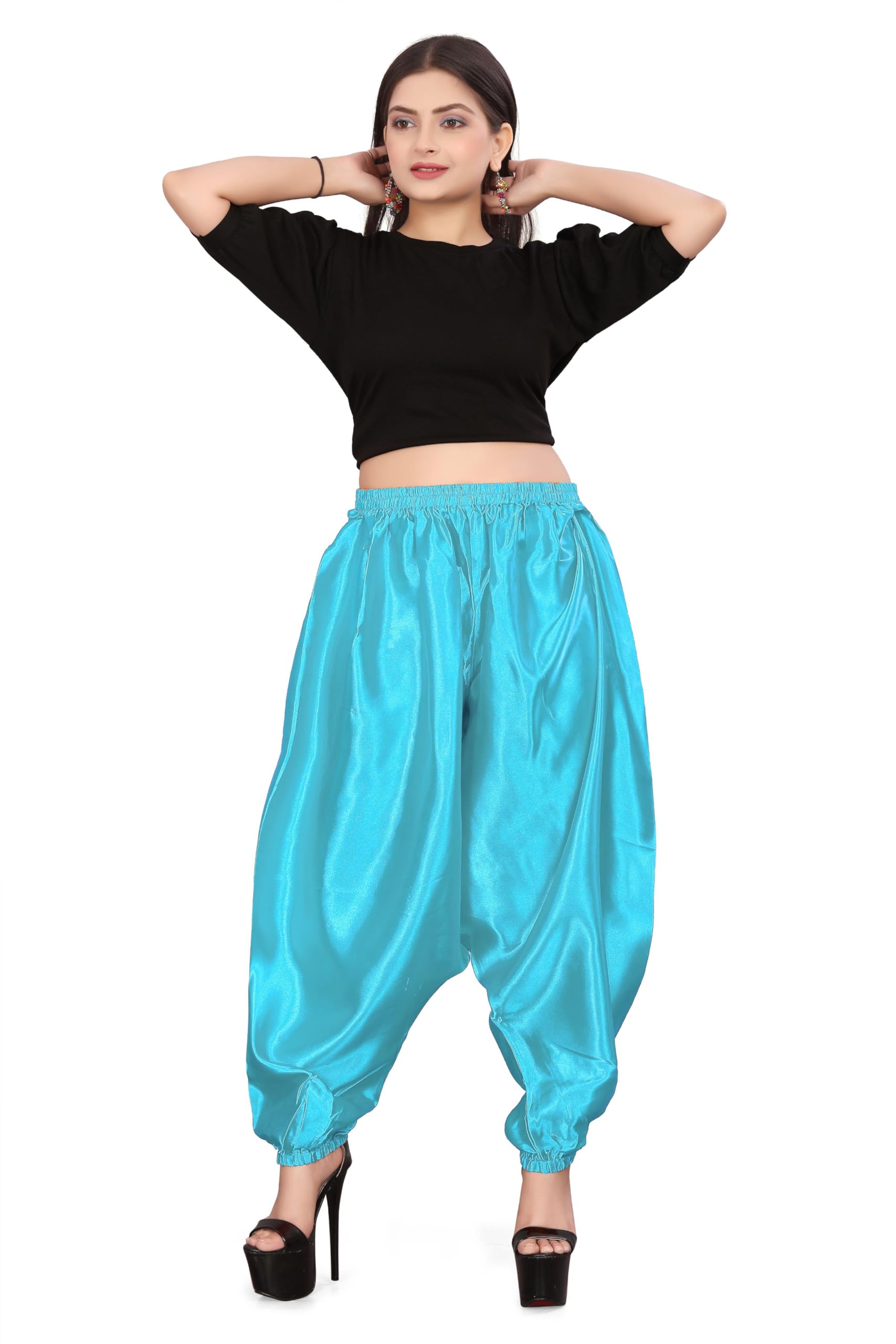 MEEK MERCERY BY KF Satin Belly Dance Harem Boohoo Pant – Elastic Waist, S to 5XL – 41 Colours – Flowing Performance Costume for Stage, Bollywood, Cosplay, Festival & Lounge Wear Sky Blue