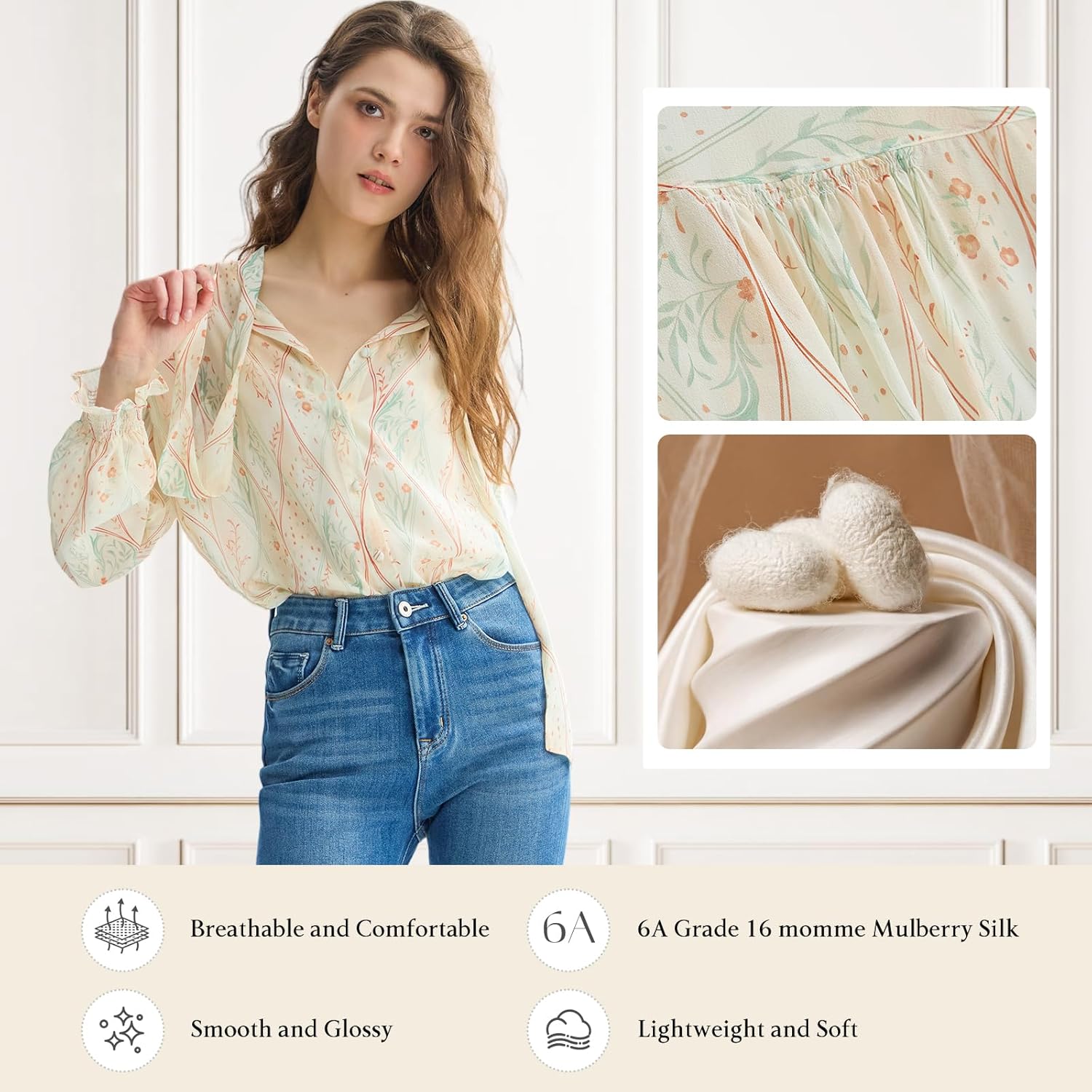 100% Silk Blouses for Women Bow Tie Neck Button Down Shirts Long Sleeve Ruffle Sleeves Trendy Spring Fall Work Tops - Image 6