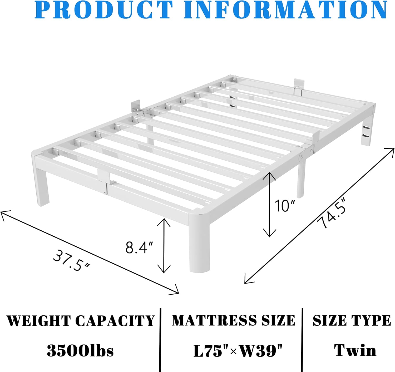 White 10 Inch Twin Bed Frames, Metal Bed Frame Twin Size with Anti-Slip Baffles, No Box Spring Needed, Rounded Corner Legs, Heavy Duty Steel Platform Support, Noise Free, Storage Space Twin 10 inch