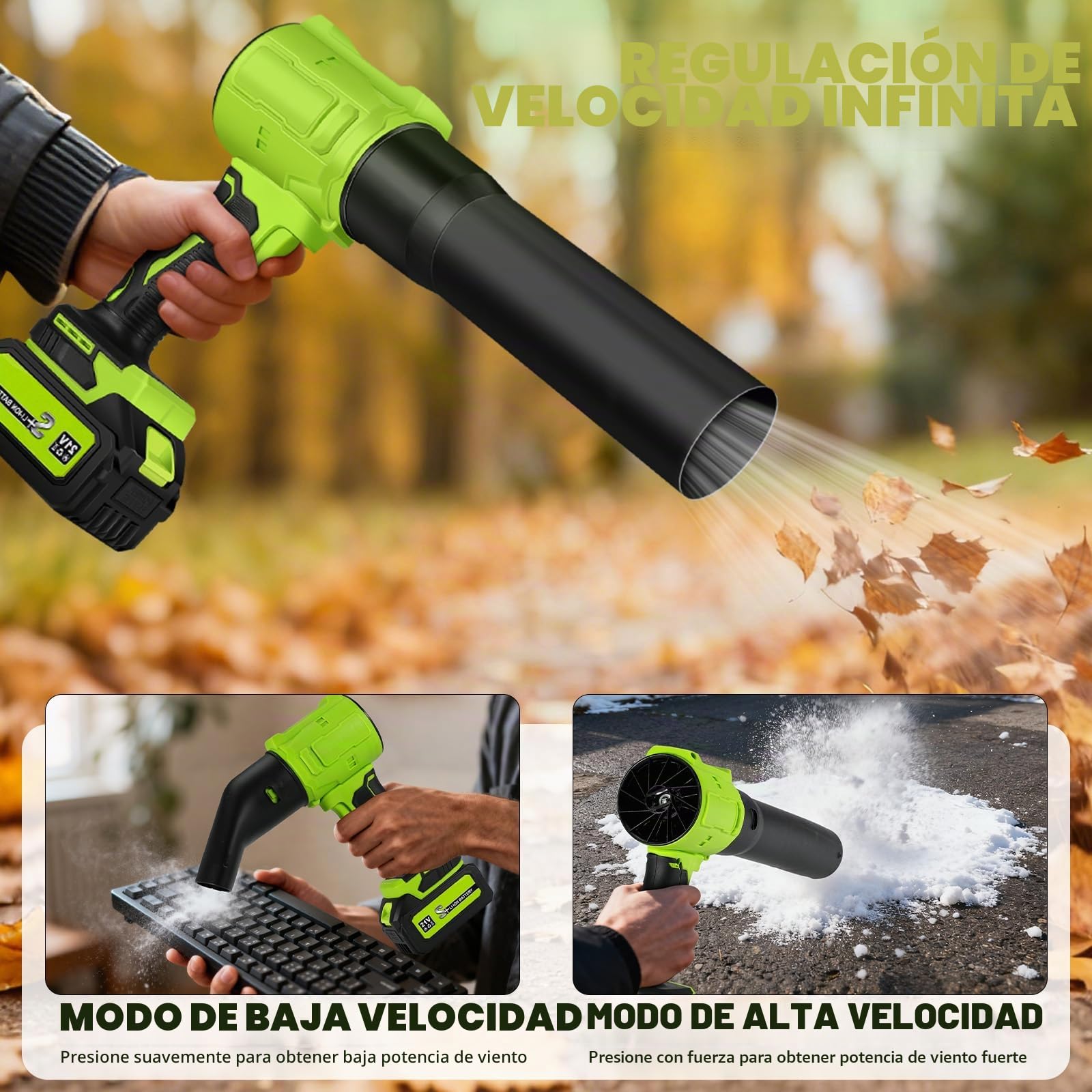Soplador de Hojas, Soplador Turbo Jet, Soplador de Aire Potente con 2 Baterías 800000 RPM, Ideal para Jardín, Coche, Patio, Nieve y Camping, Verde
