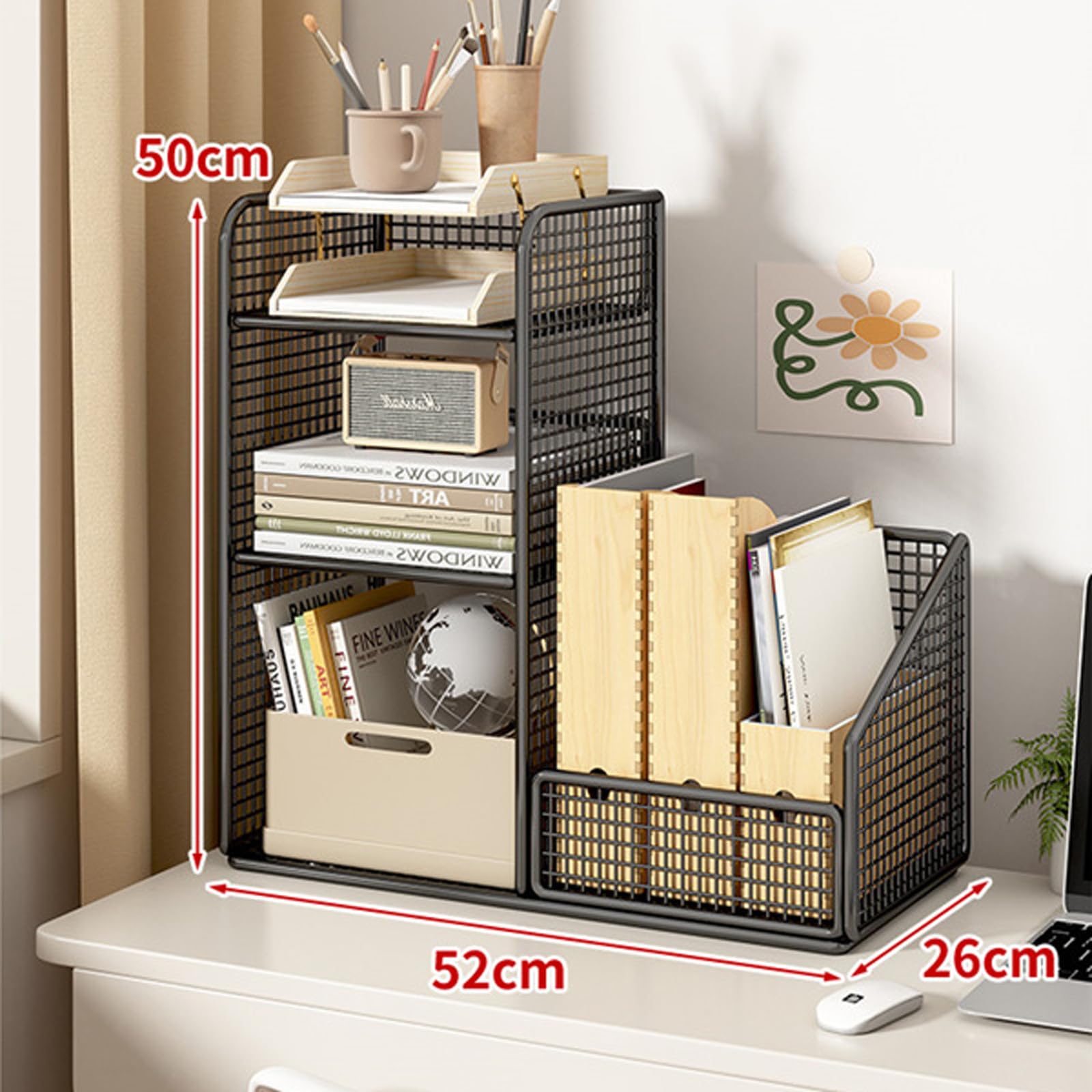 Organizer da scrivania in Rete con Porta cancelleria, ripiano per scrivania in Rete Metallica per Documenti cartacei e organizzazione di cancelleria, Design Resistente ed Elegante per Uso do
