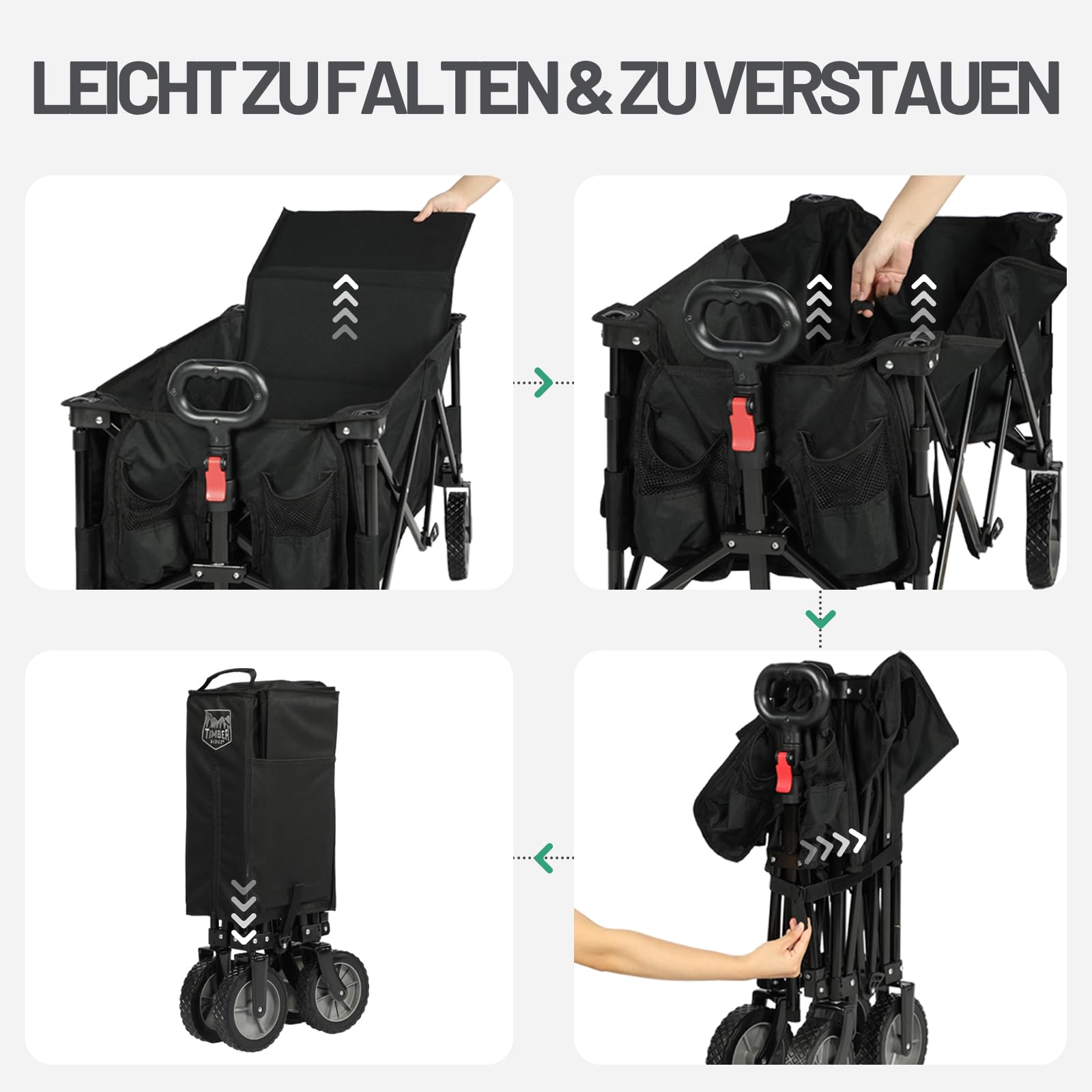 TIMBER RIDGE XXL Bollerwagen Faltbar Transportwagen mit Seitentasche Getränkehalter verstellbarem Griff, Gartenwagen für Alle Gelände, Draussen Camping Einkaufen