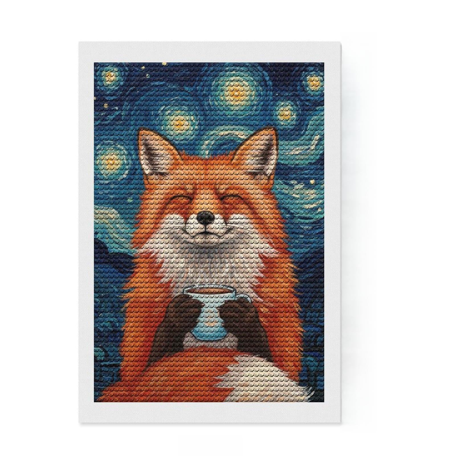 Junmoney Fox Enjoying Coffee Under Starry Night Diamond Art Kit 8"x12", with Tool Kit, Easy to Enjoy, Bedroom Decor, Christmas Gift, Pleasing Wall Art Project