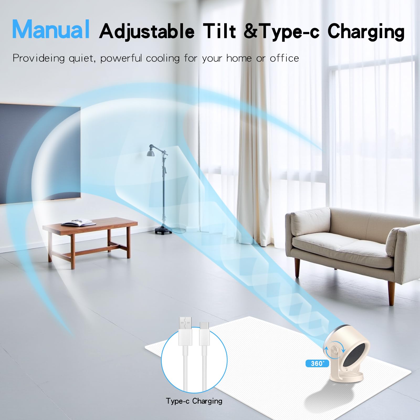 Ventilador de escritorio con batería, pantalla digital silenciosa, ventilador portátil con rotación de 360°, ventilador circulador de aire para toda la habitación, ventiladores USB con 6 velocidades 4