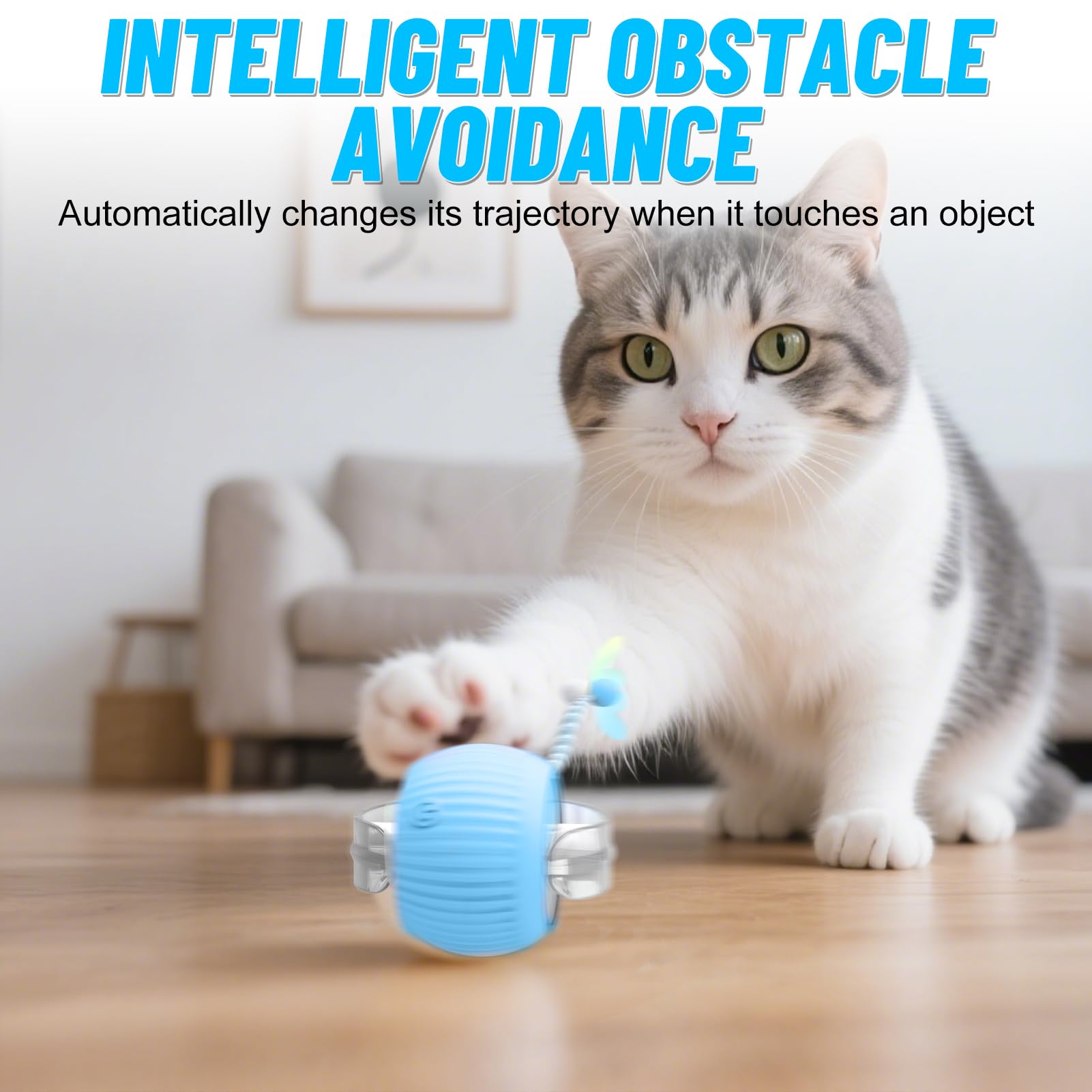 Palla giocattolo interattiva per gatti da interni, con coda e fogli in rete, rotazione automatica, tre modalità di movimento agile, per tenerli occupati ricaricabili, blu