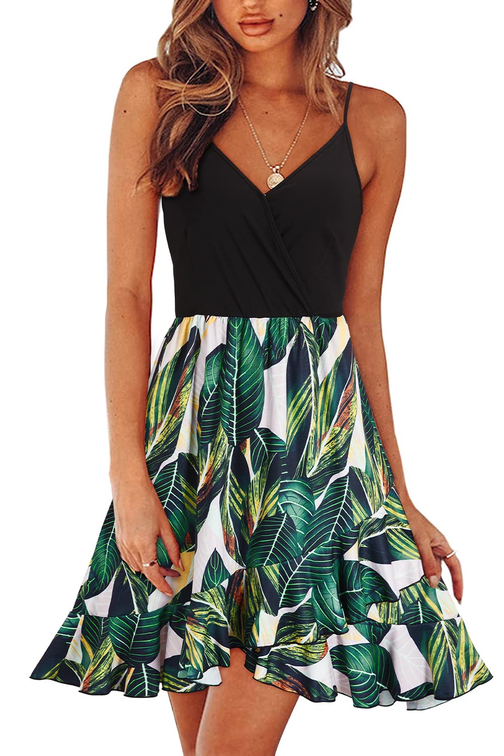 ULTRANICE Damen Sommerkleider Blumenmuster Kleid V-Ausschnitt Strandkleid Verstellbaren Spaghettiträger Rüschen Kleider