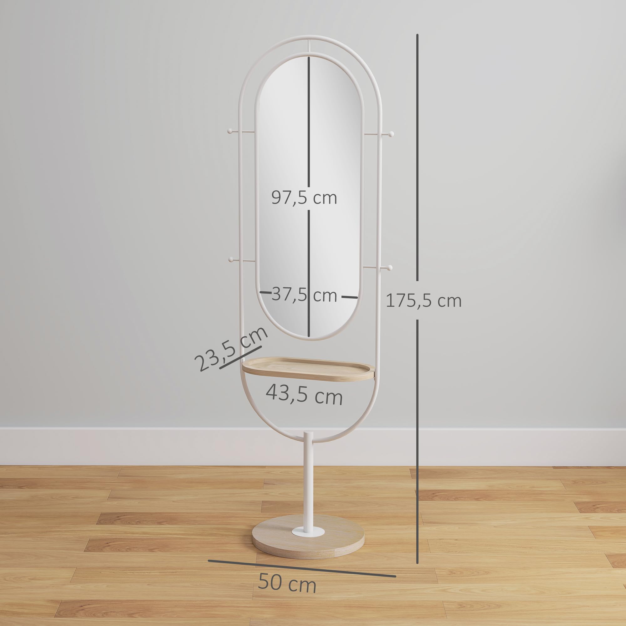 HOMCOM Espejo de Cuerpo Entero 175,5x50 cm con Bandeja de Madera y 4 Ganchos Espejo de Pie con Marco de Metal para Dormitorio Salón Blanco