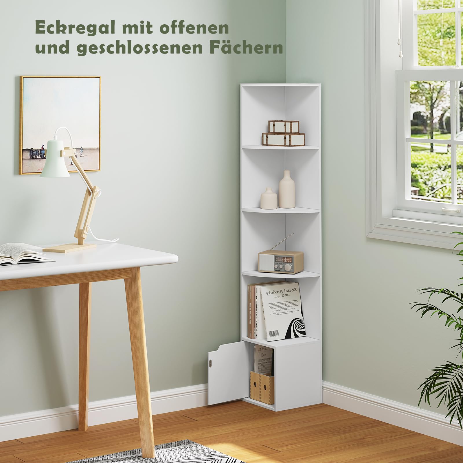WOLTU Étagère d'angle à 5 Niveaux, Meuble d'angle, Blanc, 1 Placard avec Porte, en Bois d'Ingénierie, SK038ws