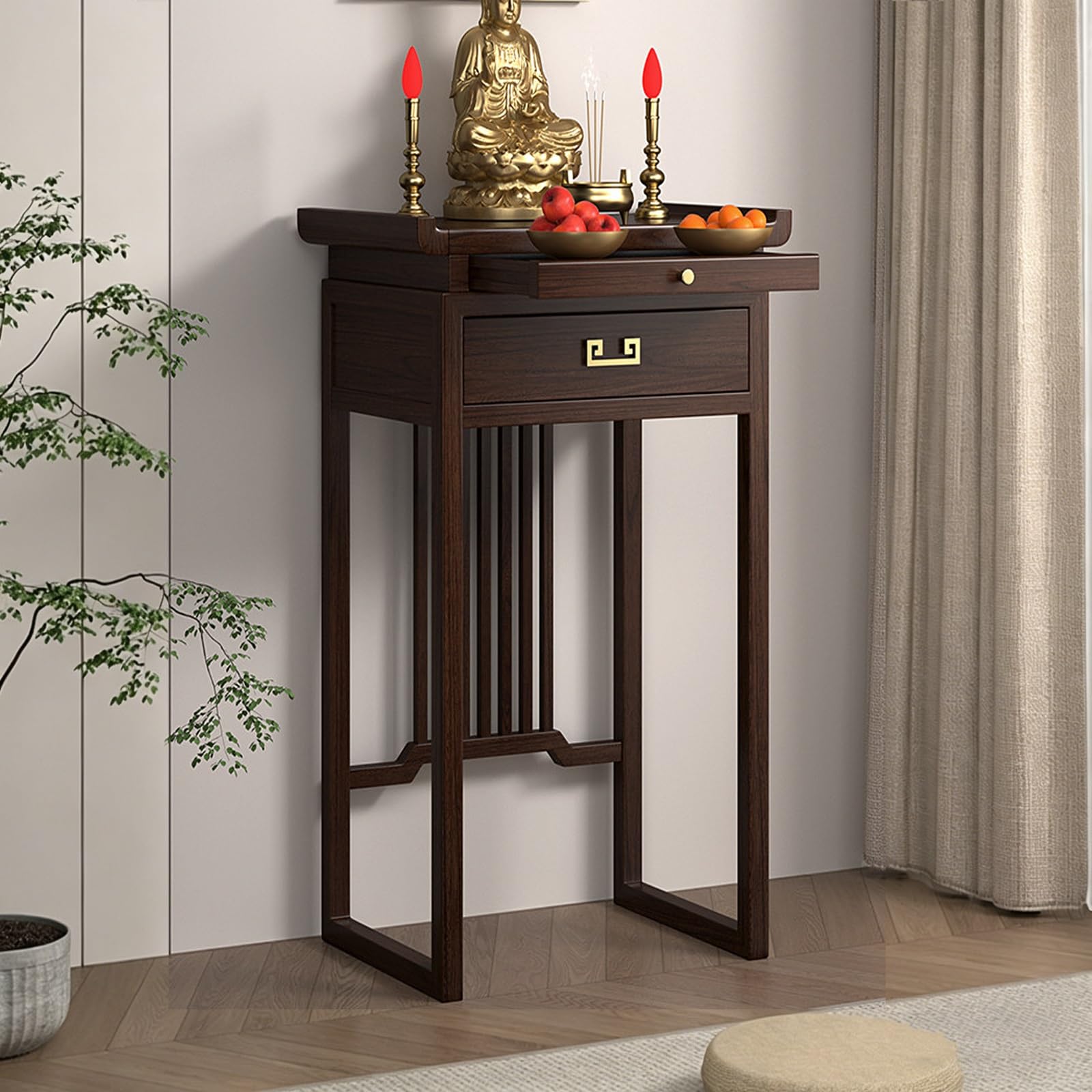 JNTFNE Solid Wood Buddhist Altar Table, Personal Shrine with Pull-Out Panel, Pooja Cabinet Drawer for Spiritual, Prayer, Meditation and Decor(Dark Walnut)