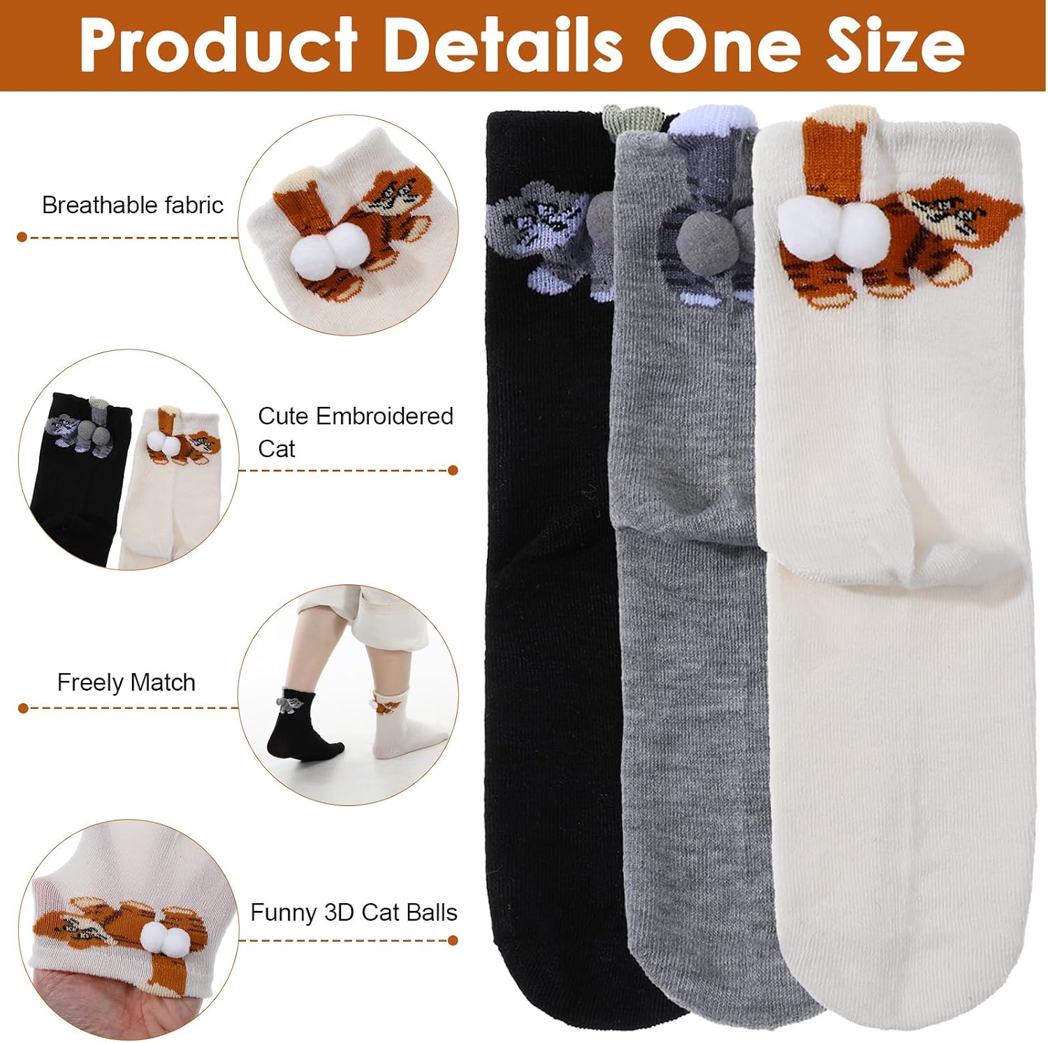 3 Pairs Cat Ball Socks, Cute Cat Socks with Balls 3D Novelty Cotton Animal Sock Funny Crew Sock for Women Girls