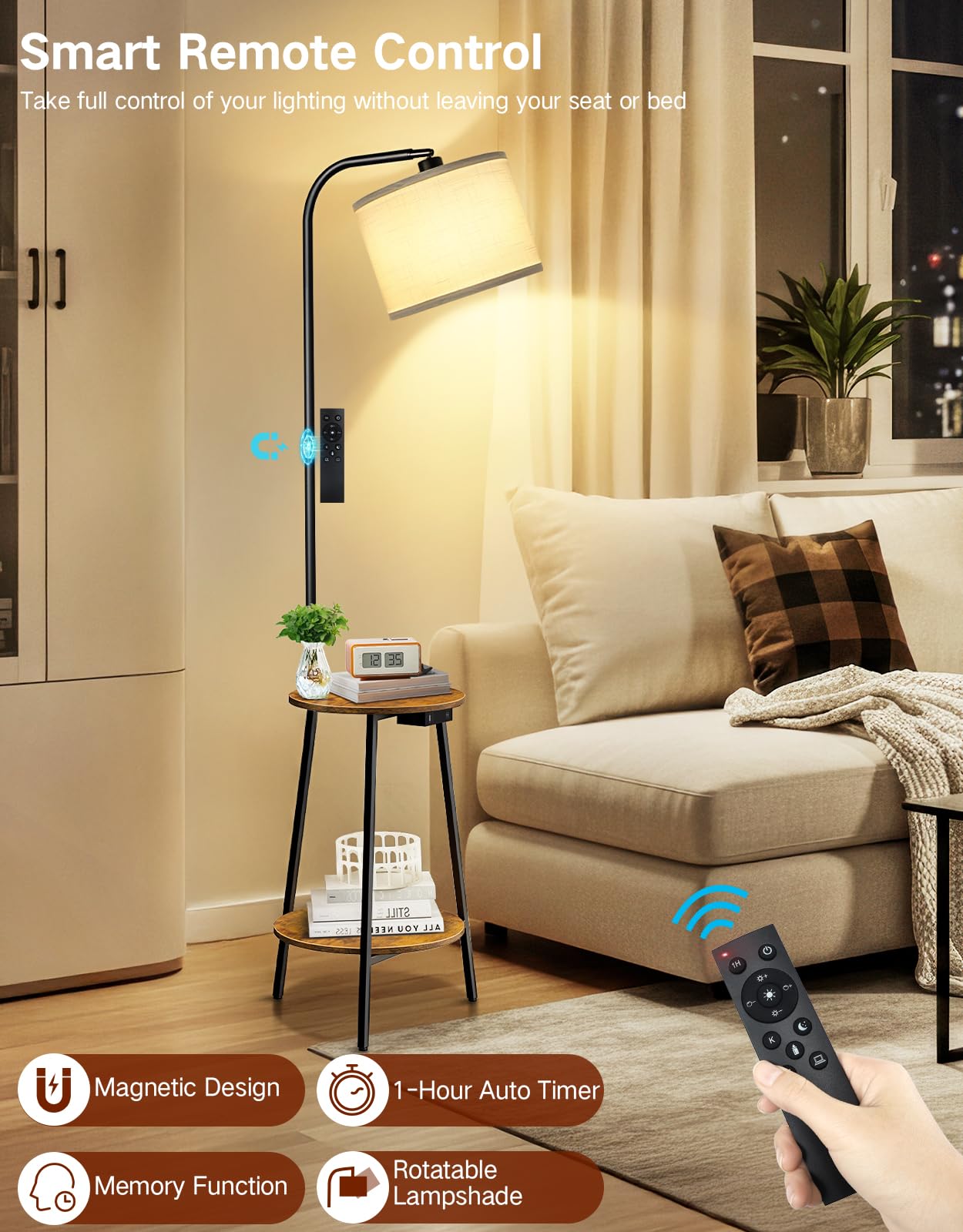 Lampada da Terra con Tavolino, LED Dimmerabile con Telecomando, 3 Temperature Colore, Mensola con Ricarica USB per Soggiorno Camera Ufficio (Marrone Rustico Rotondo)