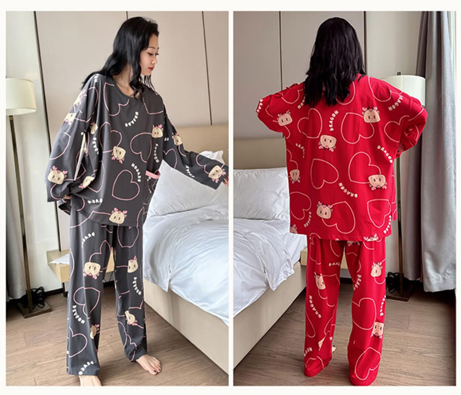 Pijama de algodón Conjunto,2 Piezas de Ajuste Flojo de Manga Larga Ropa de Dormir Loungewear Pjs Set 4XL/ 5XL
