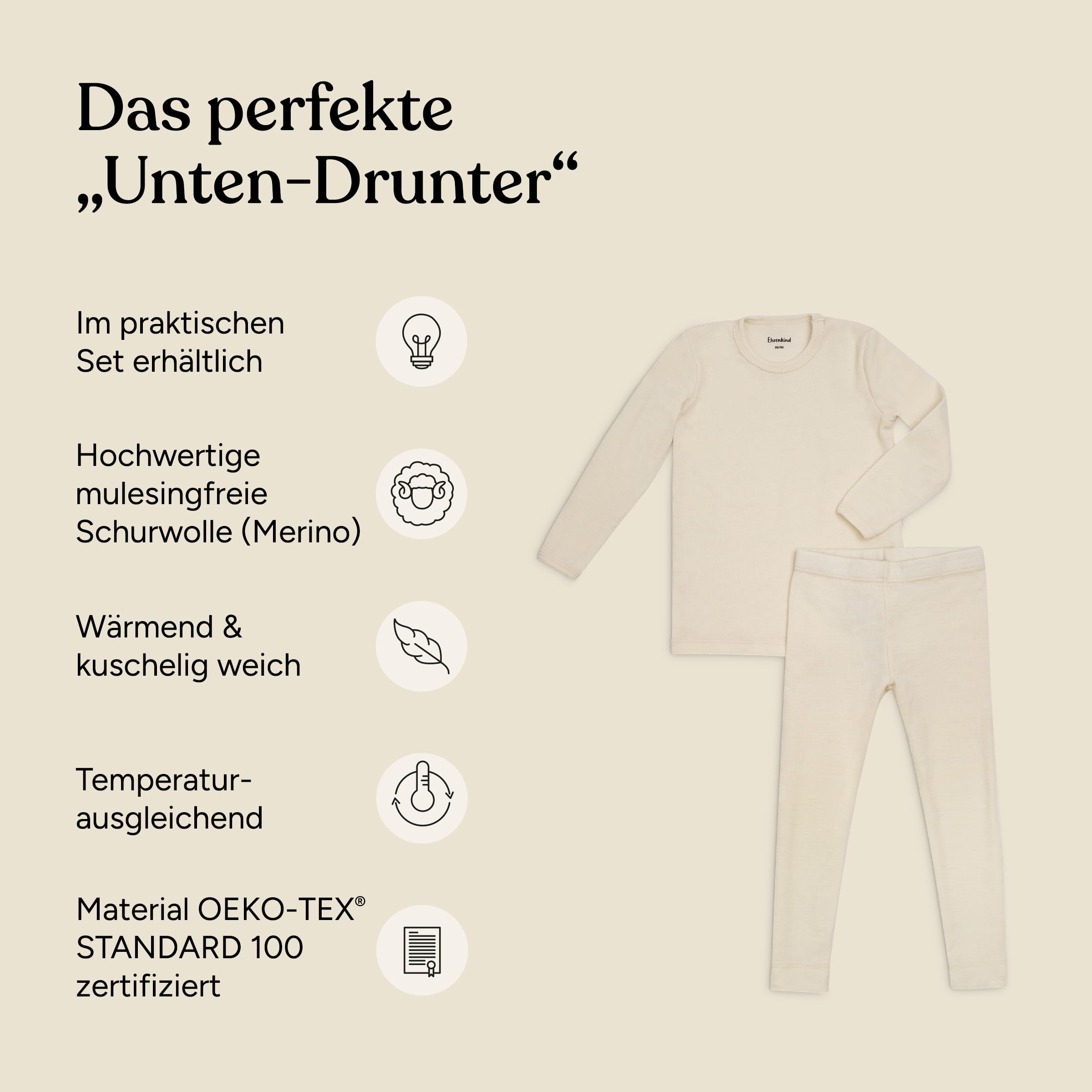 Ehrenkind® Funktionsunterwäsche | Kinder Set aus 100% Merino Schurwolle k.b.T | Thermowäsche Jungen & Mädchen | Skiunterwäsche Winter | Made in Europe | Oeko-TEX® Zertifiziert