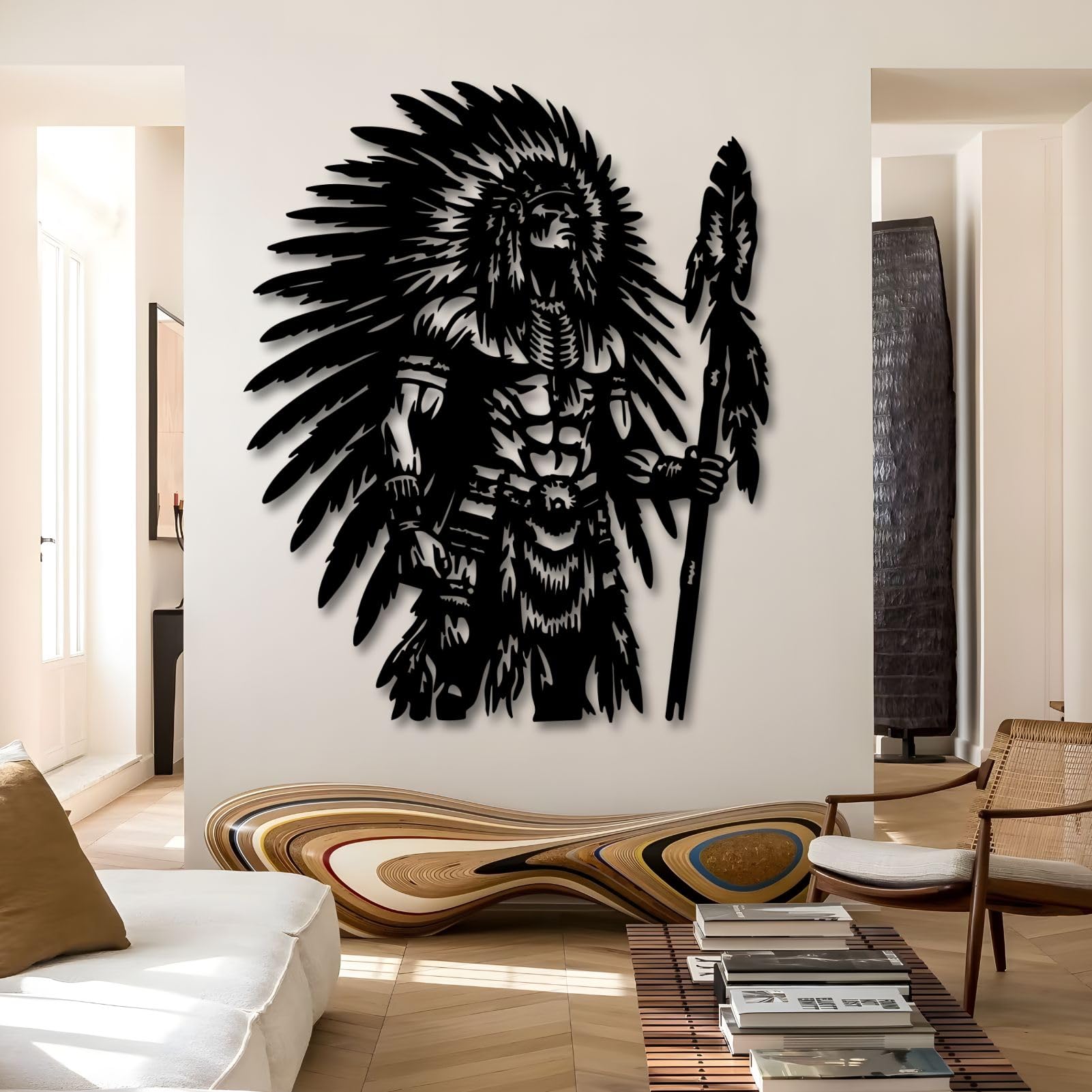 Décoration Murale en métal représentant Un Guerrier amérindien, Chef Tribal, pour Salon, Chambre, Bureau ou Salle de Jeux (Argent, 80 x 65 cm)