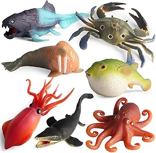 SCAHOW 7PCS Squishy Ocean Animal Toys, TPR Smelless Stretch Toys, Rubber Sea Animal Figures for Kids, Cake Topper Bath Toy Squishy Toy