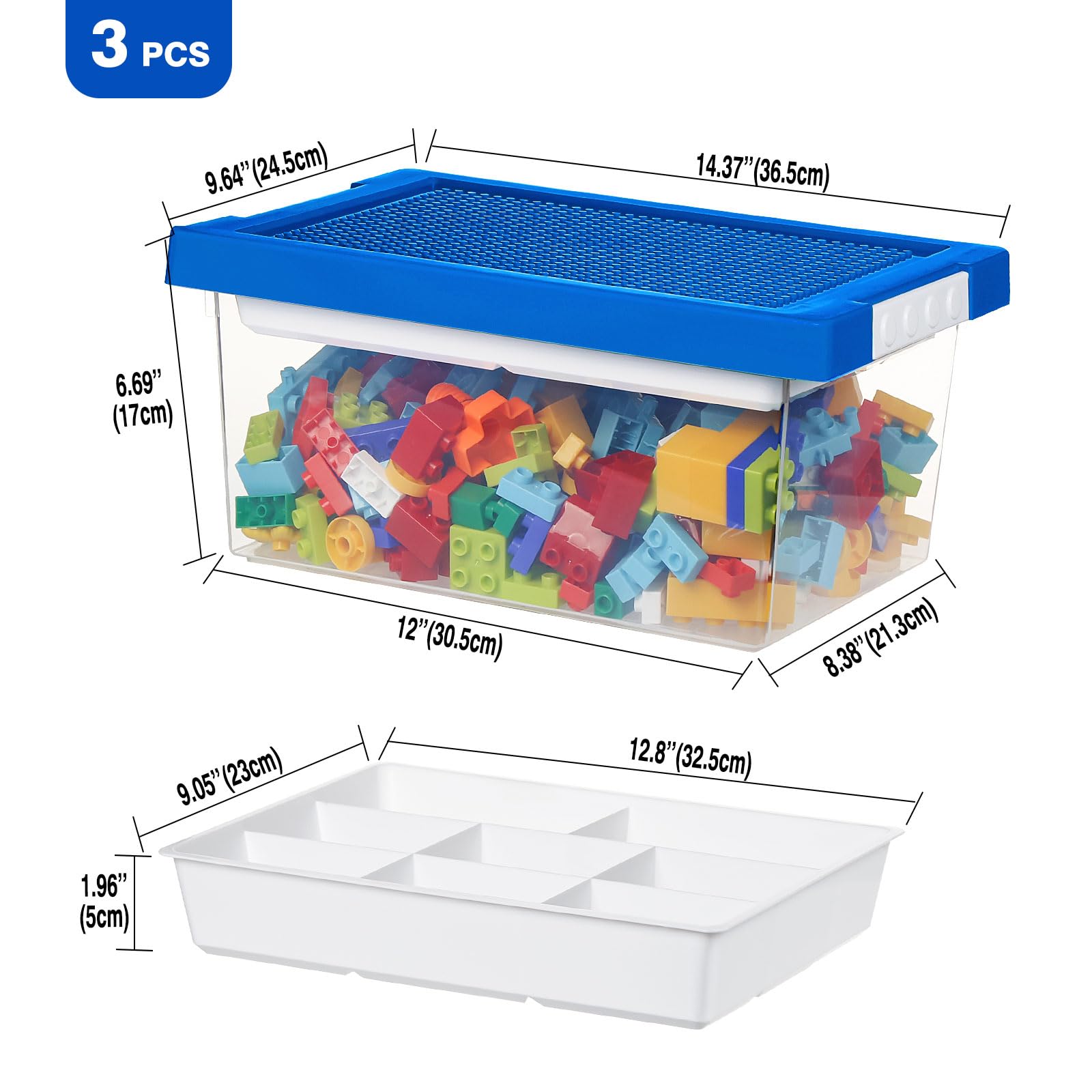 Greentainer Set de 3 Cajas de Almacenamiento de Juguetes con Tapa y Bandeja Extraíble, PP Apilable, Organizador para Bloques, Compatible con Ladrillos, para Habitación Infantil(Azul)