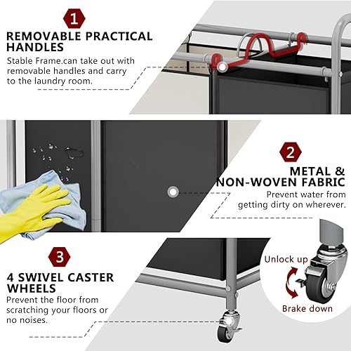 Miniatura 6 de Cesta clasificadora de ropa sucia, 2 bolsas con ruedas enrollables y bolsas extraíbles, carrito organizador de lavandería para almacenamiento de
