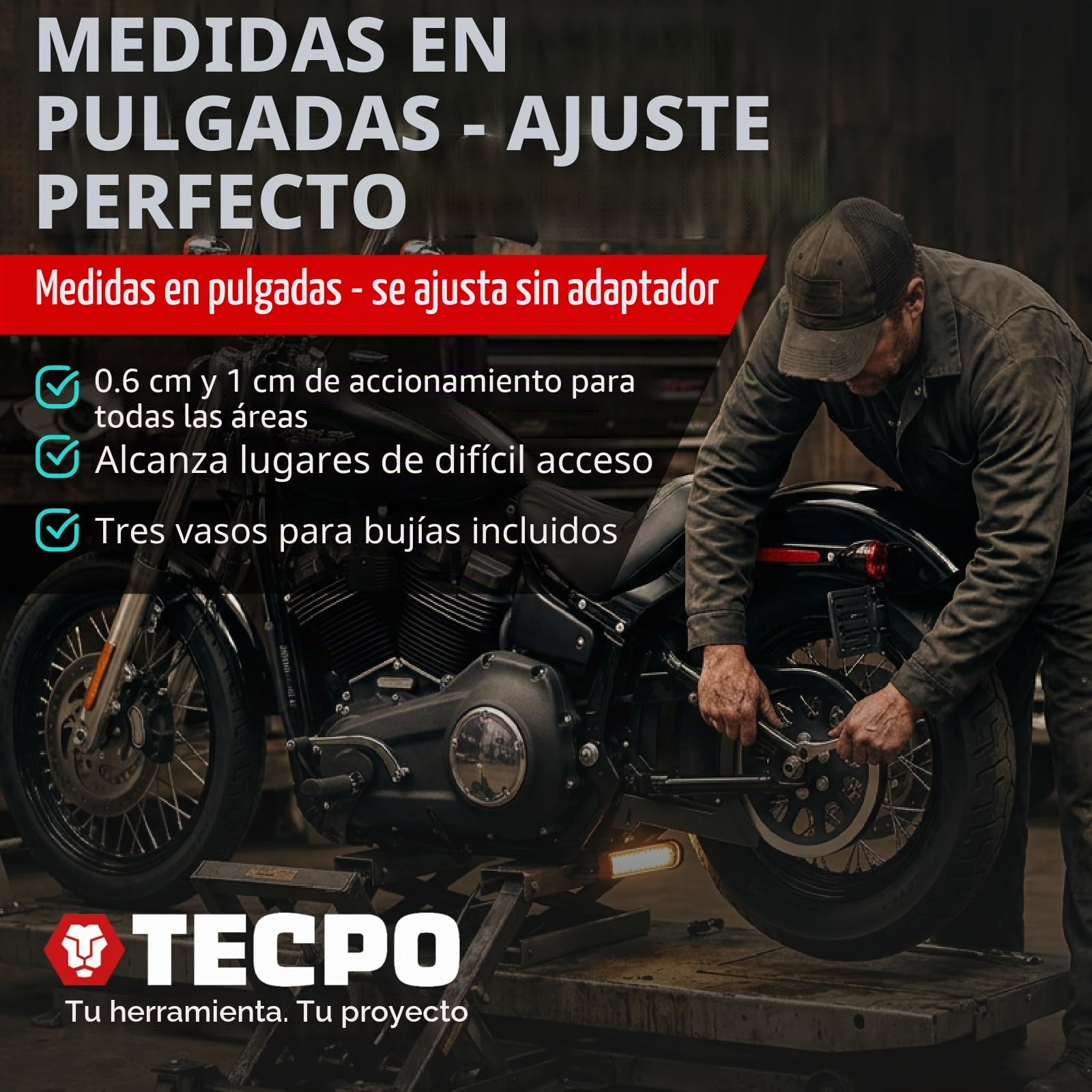 TECPO Juego de llaves de vaso Harley de pulgadas, tamaños de tuerca, caja de carraca, caja de carraca