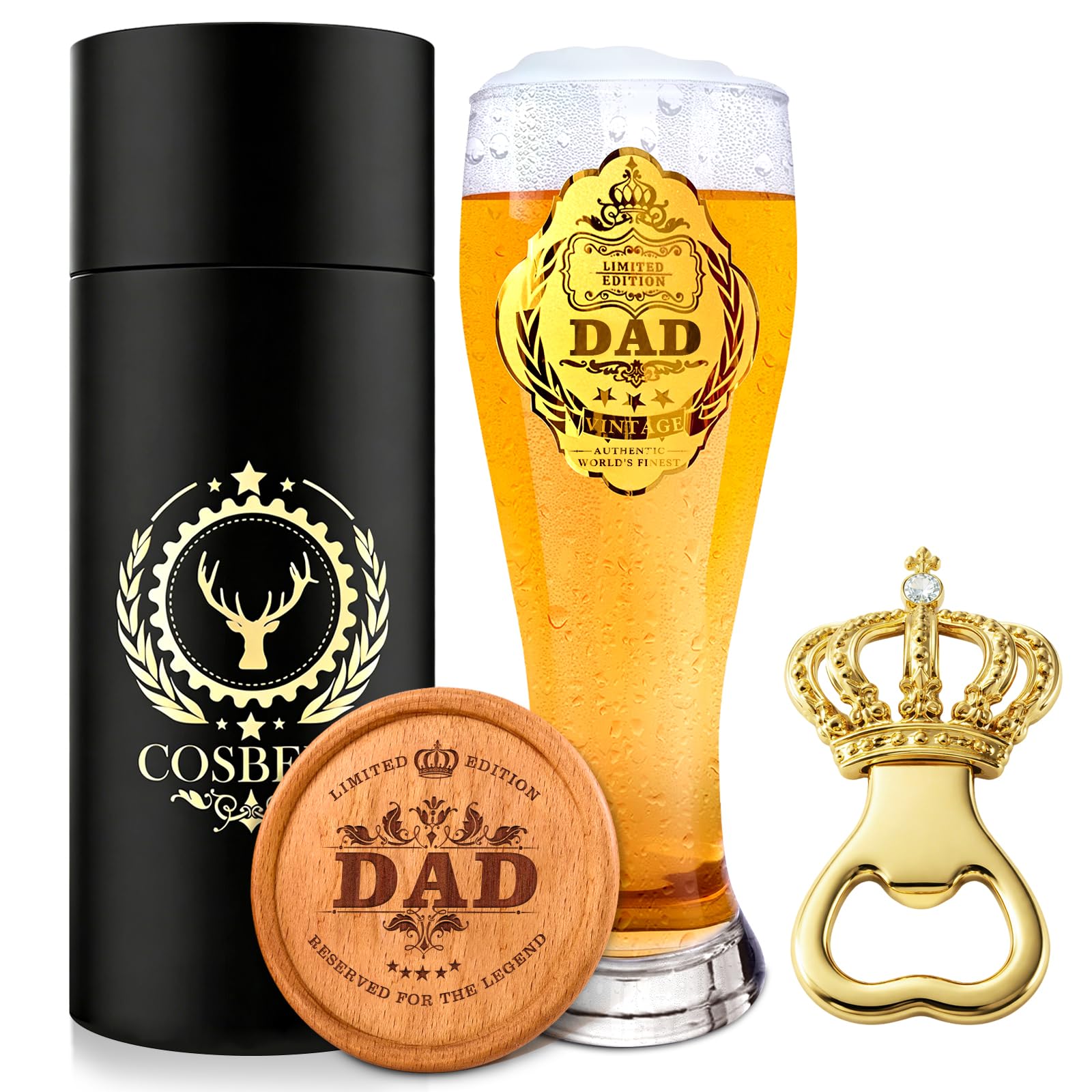 COSBERY Dad Birthday Gifts from Daughter Son, Father's Gift Personalised Beer Gifts for Men, Dad Beer Glass 580ml, Beer Bottle Opener, Wooden Coaster, Mens Birthday Present Ideas