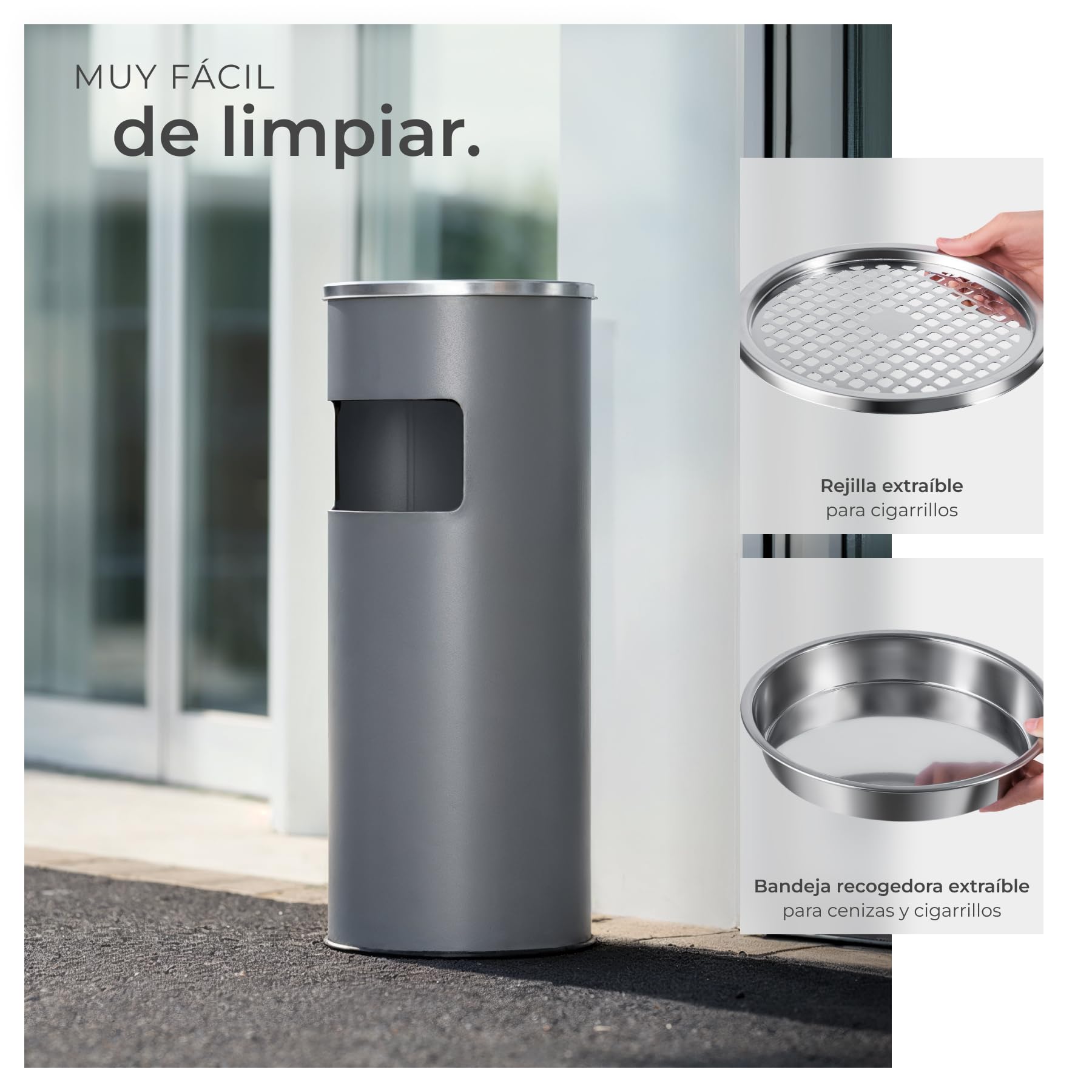 tectake® Cenicero de Pie y Cubo Interior Extraíble, Antideslizante, Metal Resistente, Papelera Oficina, Cenicero Exterior, Ceniceros, Papelera Exterior - Antracita