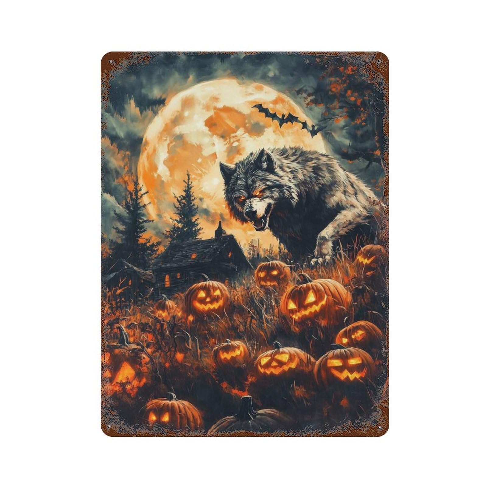 Halloween Wolf And Pumpkins Rustic Tin Plaque 15.7"x11.8", Ideal for Cafe, Home Bar And Lounge Decor