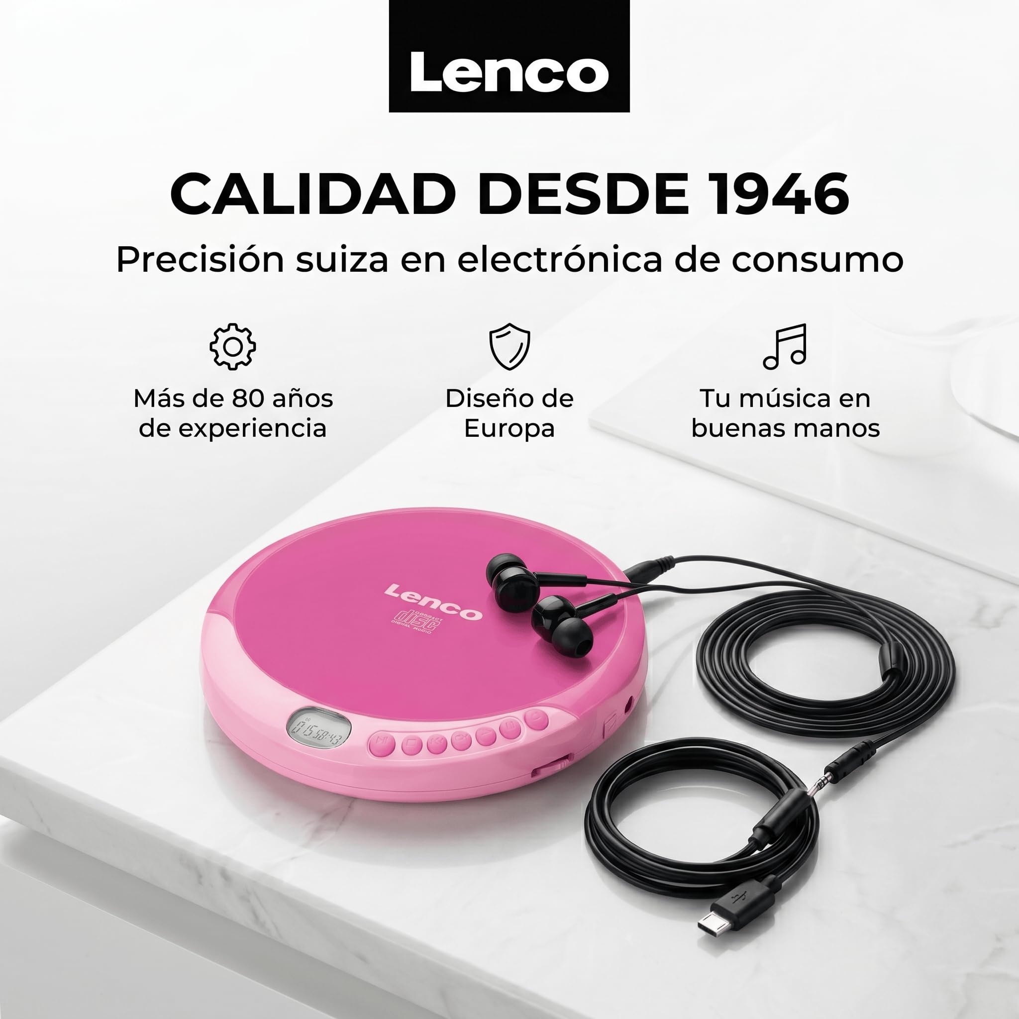Lenco CD-011PK - Reproductor de CD portátil con función de carga de batería - Pantalla LCD - Diskman - CD walkman - con auriculares y cable de carga micro USB - Rosa