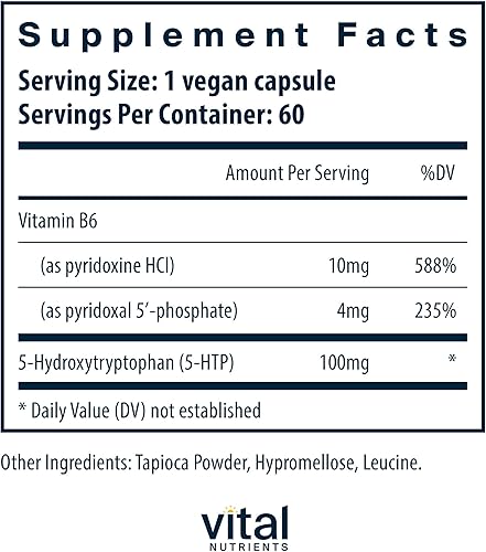 Miniatura 2 de Vital Nutrients 5-HTP 100mg (5-hidroxitriptófano)  Suplemento vegano de apoyo de serotonina*  Apoyo para el sueño y el estrés  5HTP y vitamina B6