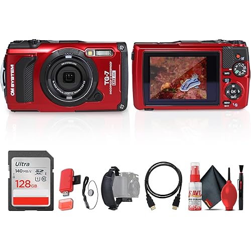 OM SYSTEM Tough TG-7 Digital Camera (Red) (V110030RU000) Bundle Including: 128 GB Memory Card, HDMI Cable, Card Reader, Hand Strap, Cap Keeper, Full Cleaning Kit