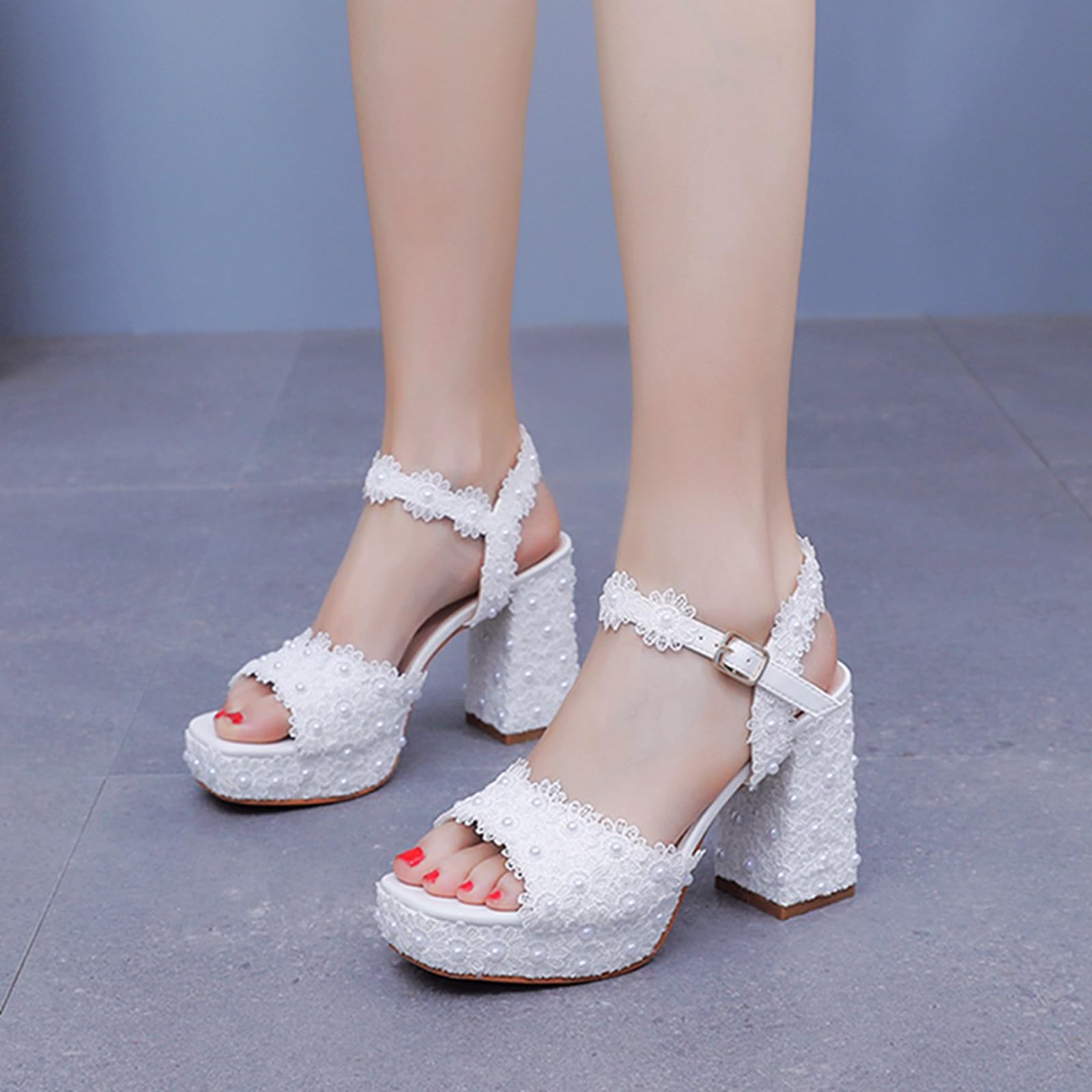 9.5CM Scarpe da Sposa da Donna Open Toe Mid Block Heel Lace Satin Cinturino alla Caviglia Comodo Abito da Sposa Sandali a Pompa