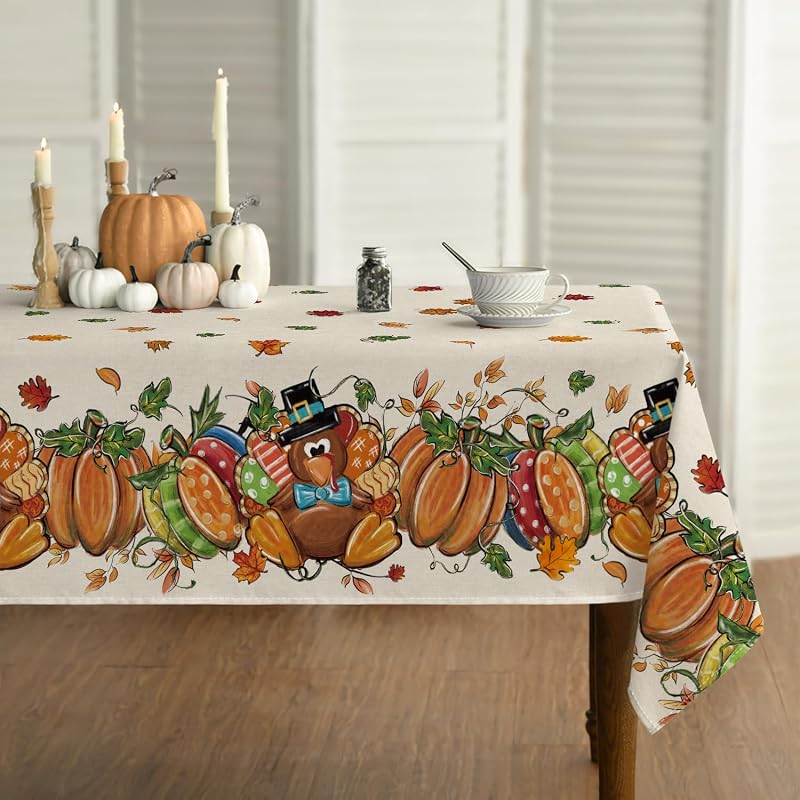 Horaldaily Fall Thanksgiving Tablecloth, Colorful, 60×84 Inch Rectangular | Turkey & Pumpkin Maple Leaf Harvest Table Cloth, Washable Table Cover for Dinner Kitchen Party Holiday Decorations