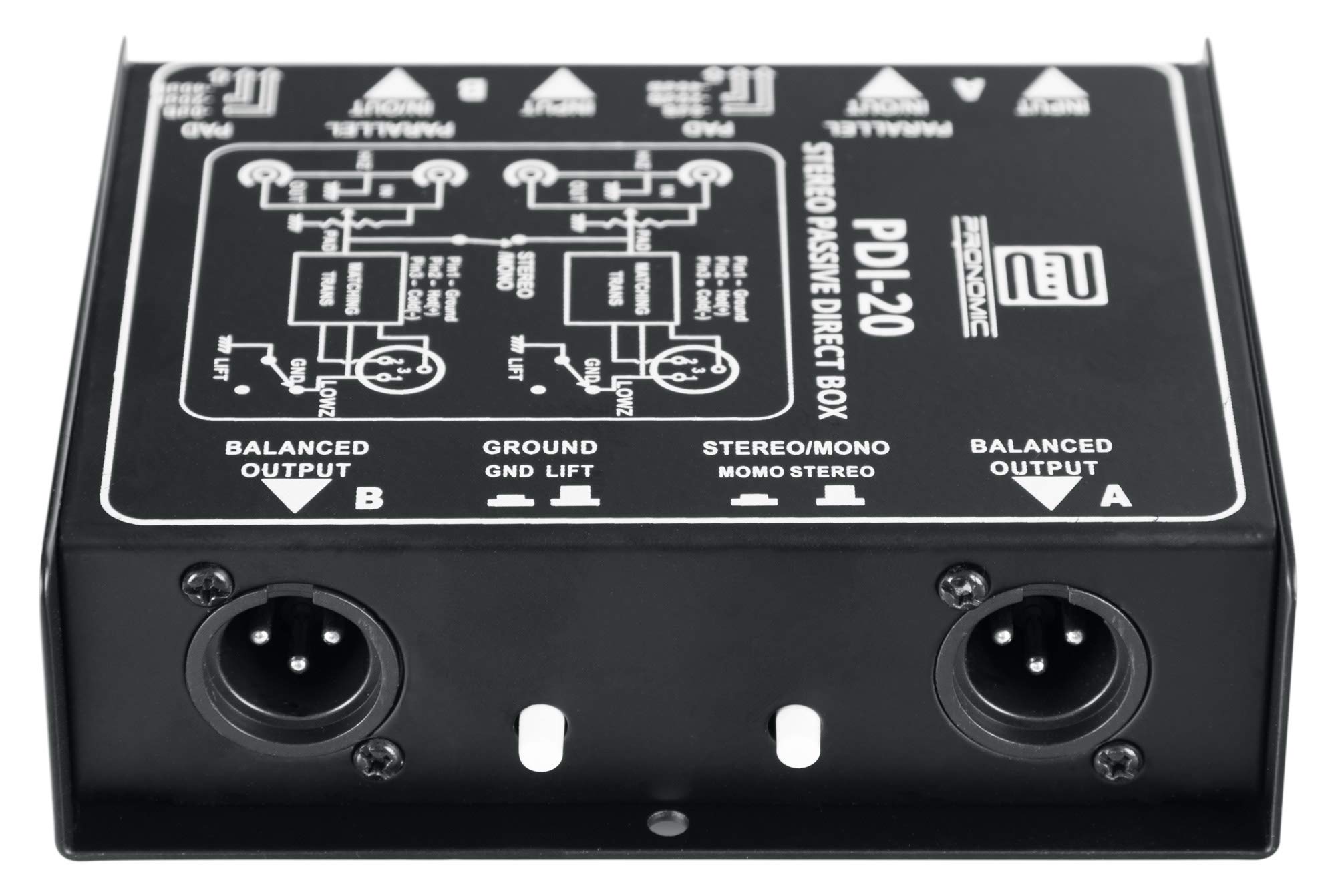 Pronomic PDI-20 passive Stereo-DI-Box - Gamma di frequenza: 15 Hz - 30 kHz - Interruttore Stereo/Mono - Interruttore Pad - Ground-Lift - nero