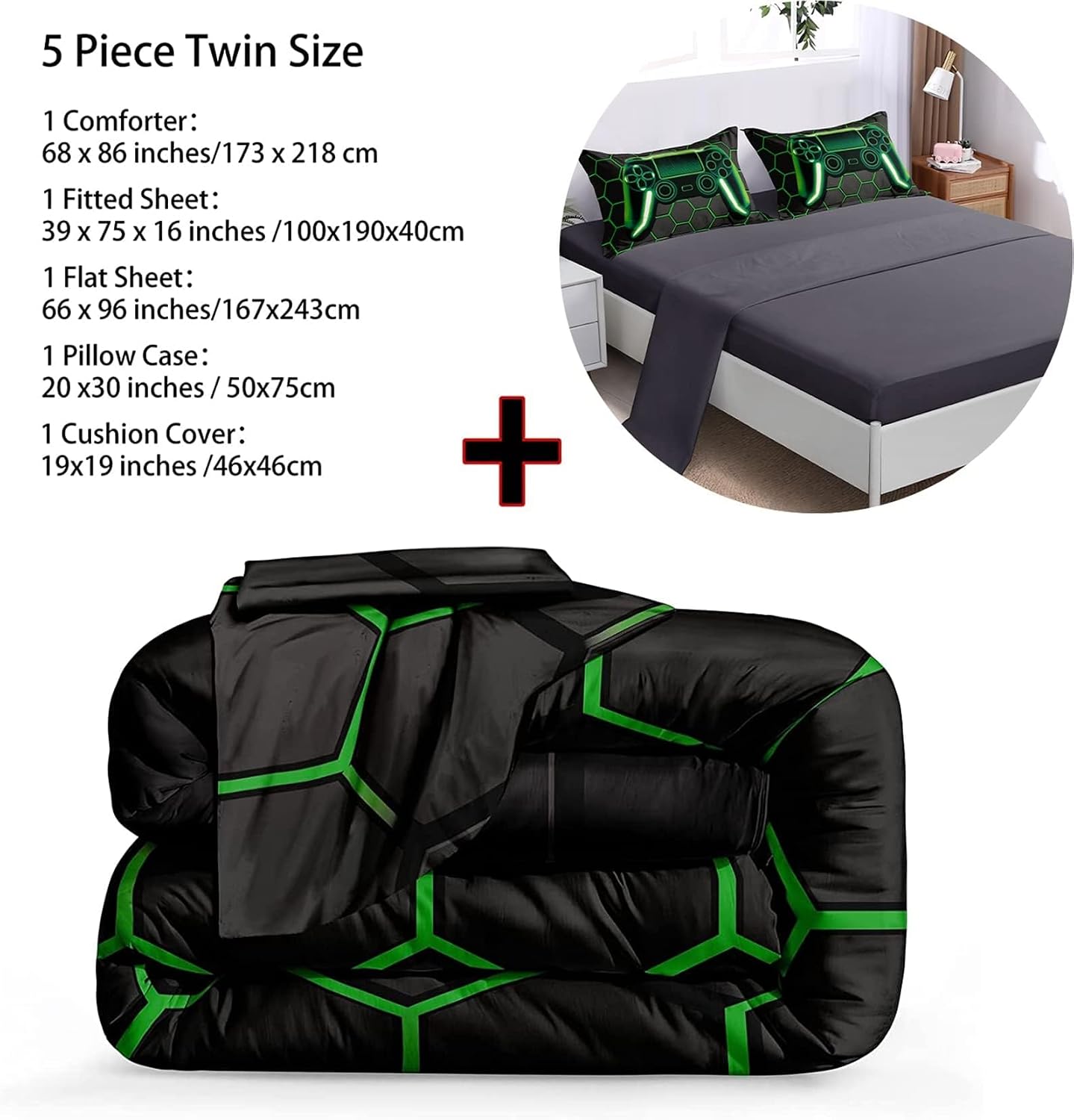 BDUCOK 5 Piece Gamer Comforter Sets Bed in A Bag for Boys Teen Kids,Honeycomb Gaming Bedding Sets Gamepad Comforter Microfiber Bed Set for All Season Gamer Home Decor(Green, 5 Piece Sets30021-Twin) image 2