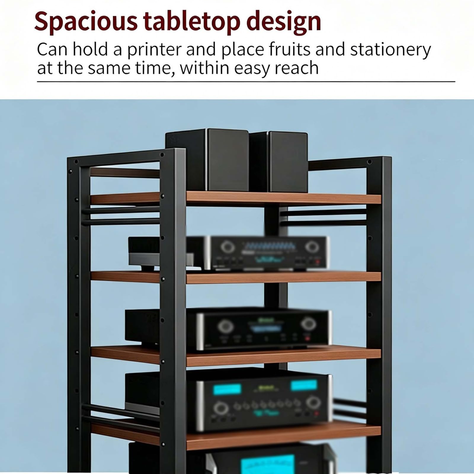 Mobiler 5-stöckiger HiFi Regal,Schallplattenspieler Regal Mit Rollen, Schwerlast Stahl AV-Rack,phonoschrank Für Verstärker, Receiver, Lautsprecher,Plattenspieler(Teak)