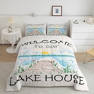 Lake House Comforter Set Full Size Rustic Farmhouse Bedding Set for Kids Adults Women Teens Cabin Home Room Decor Watercolor Lake Mountain Scenery Quilted Duvet Retro Plaid Print Duvet Insert 3pcs