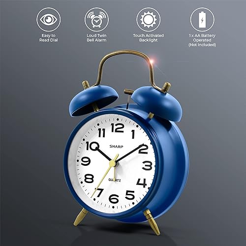 Miniatura 2 de Sharp Reloj despertador de doble campana, alarma fuerte ideal para personas que duermen con mucha resistencia, elegante acabado mate con detalles de
