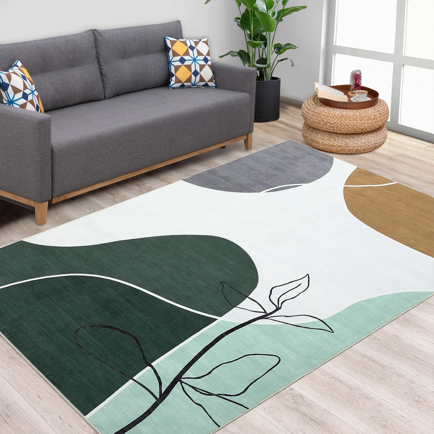 Large Living Room Rug 8x10 Modern Area Rug Washable Rug Indoor Contemporary Floor Carpet Botanical Rug Minimalist Area Rug Boho Rug for Bedroom Kitchen Nursery, Green