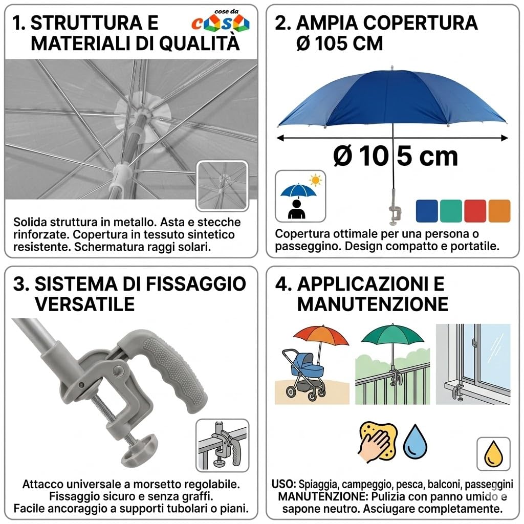 Mini Ombrello Parasole Universale D 105 cm con Gancio a Morsetto Regolabile per Passeggino Sedia Sdraio ringhiere Balcone e Finestra Struttura in Metallo e Tessuto Resistente (arancio)