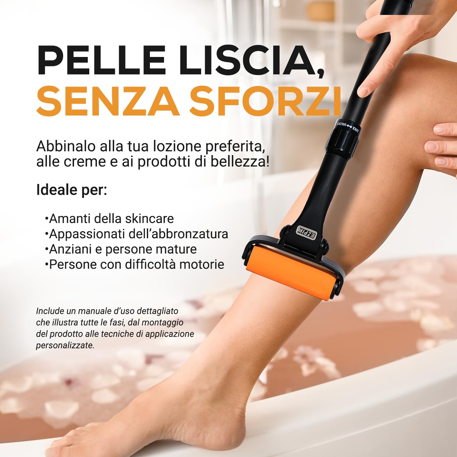 EZPIK Spalma crema schiena estensibile fino a 58 cm (design curvo) – Applicatore crema per anziani con mobilità ridotta – Ideale per oli, lozioni e protezione solare