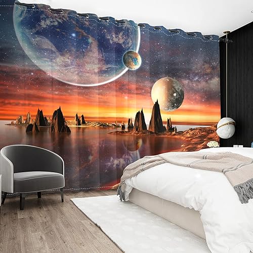 Miniatura 3 de AWERT Cortinas de ventana con bloqueo de luz del planeta espacial para sala de estar, Cosmos Tierra del lago Montañas del atardecer, paneles de