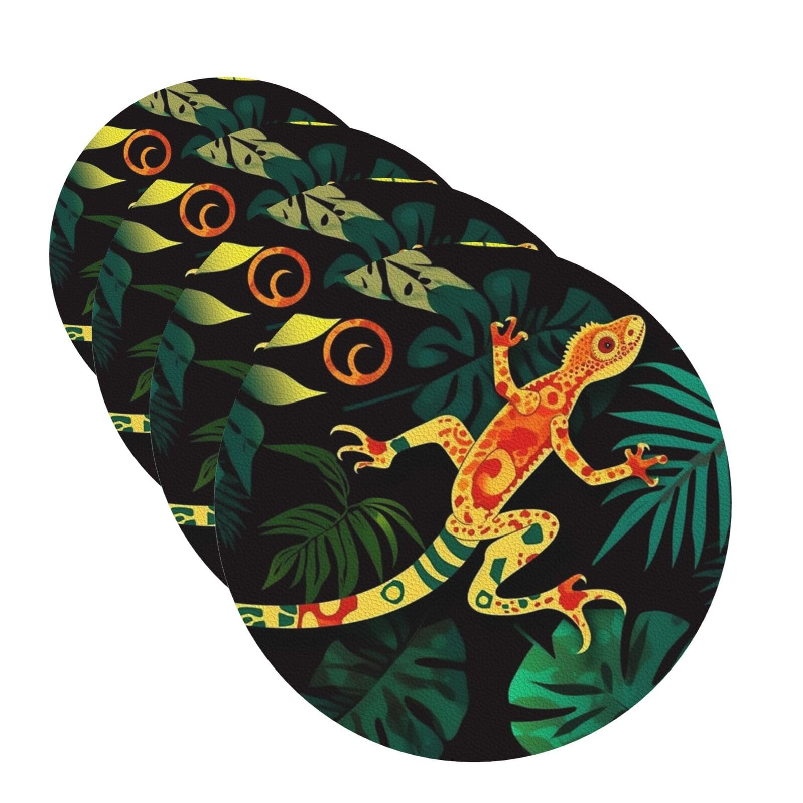 Drink Coasters Set of 4 Leather Coaster for Drinks Gecko and Tropical Leaves Cup Mat Pad Easy Clean Bar Coaster Heat Resistant Funny Cup Coasters for Tabletop Protection,4 Inches