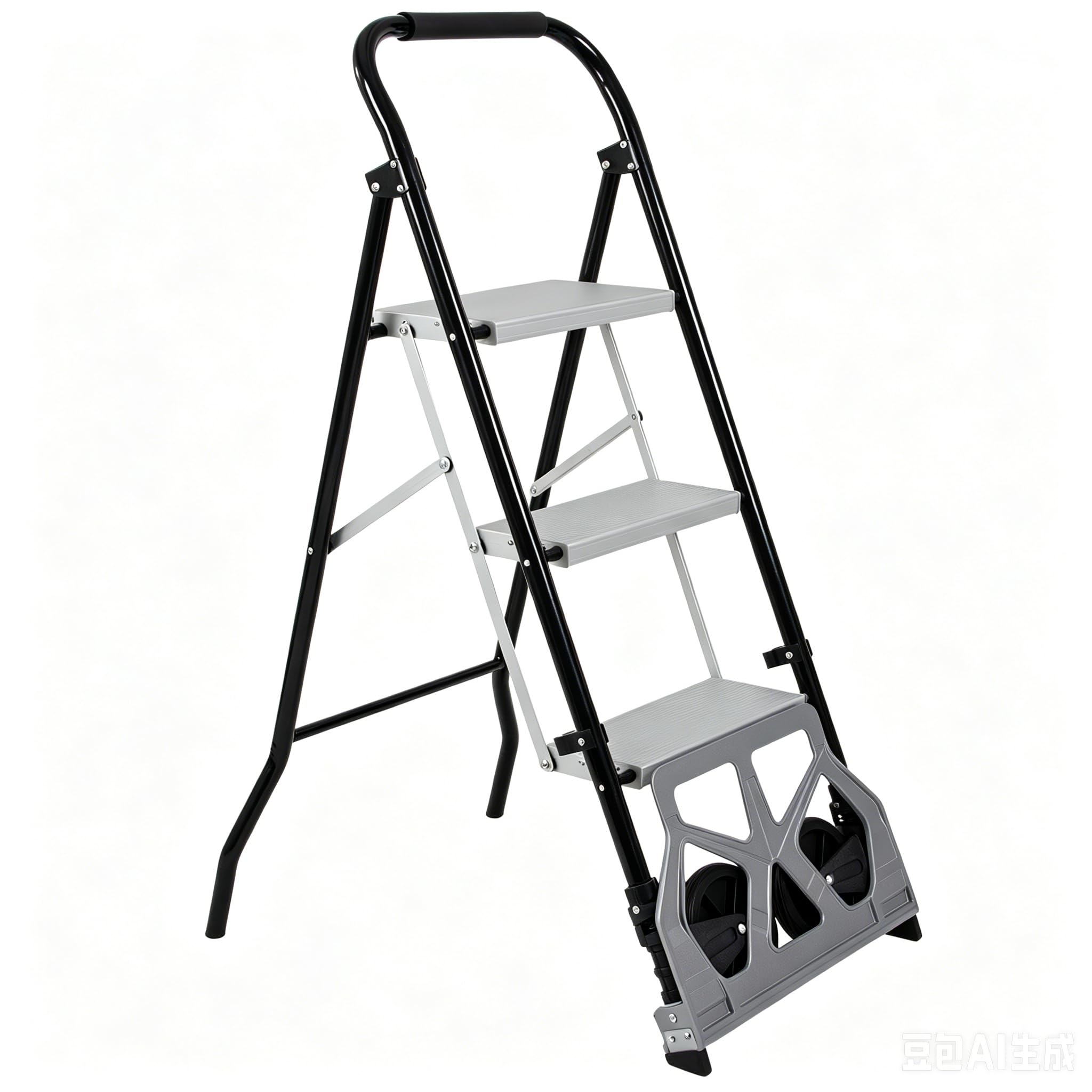 Carretilla Manual Plegable 2 en 1 & Escalera de 3 Peldaños, Escalera de Acero Plegable, Carro Convertible con Peldaños Anchos, Carro Portátil con Ruedas, Taburete Escalera de Aluminio 150kg