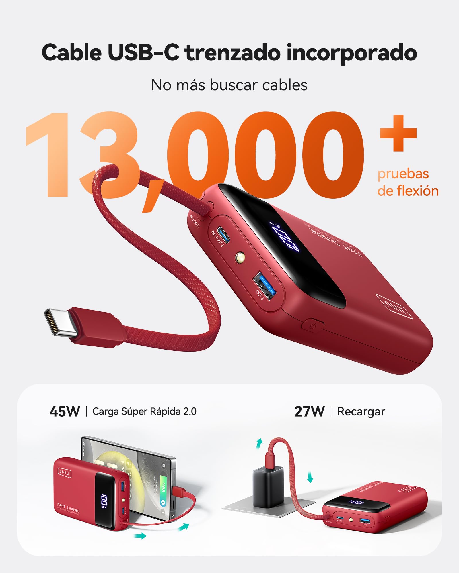 INIU Power Bank, Pequeño 20000mAh 45W Carga Rapida Travel Batería Externa | Cable USB-C Integrado, Apto para Avión, Esenciales de Viaje, Portatil Movil para iPhone 17 16, iPad, Samsung, Xiaomi etc