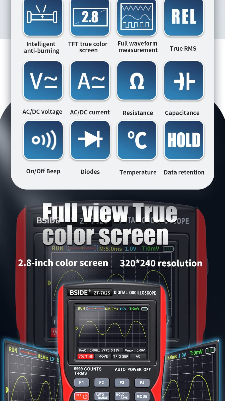 BSIDE Handheld 2-in-1 Oscilloscope Multimeter 10MHz, 1 Channel 9999 Counts Digital Multimeter Rechargeable with Color Screen for automotive electrical work