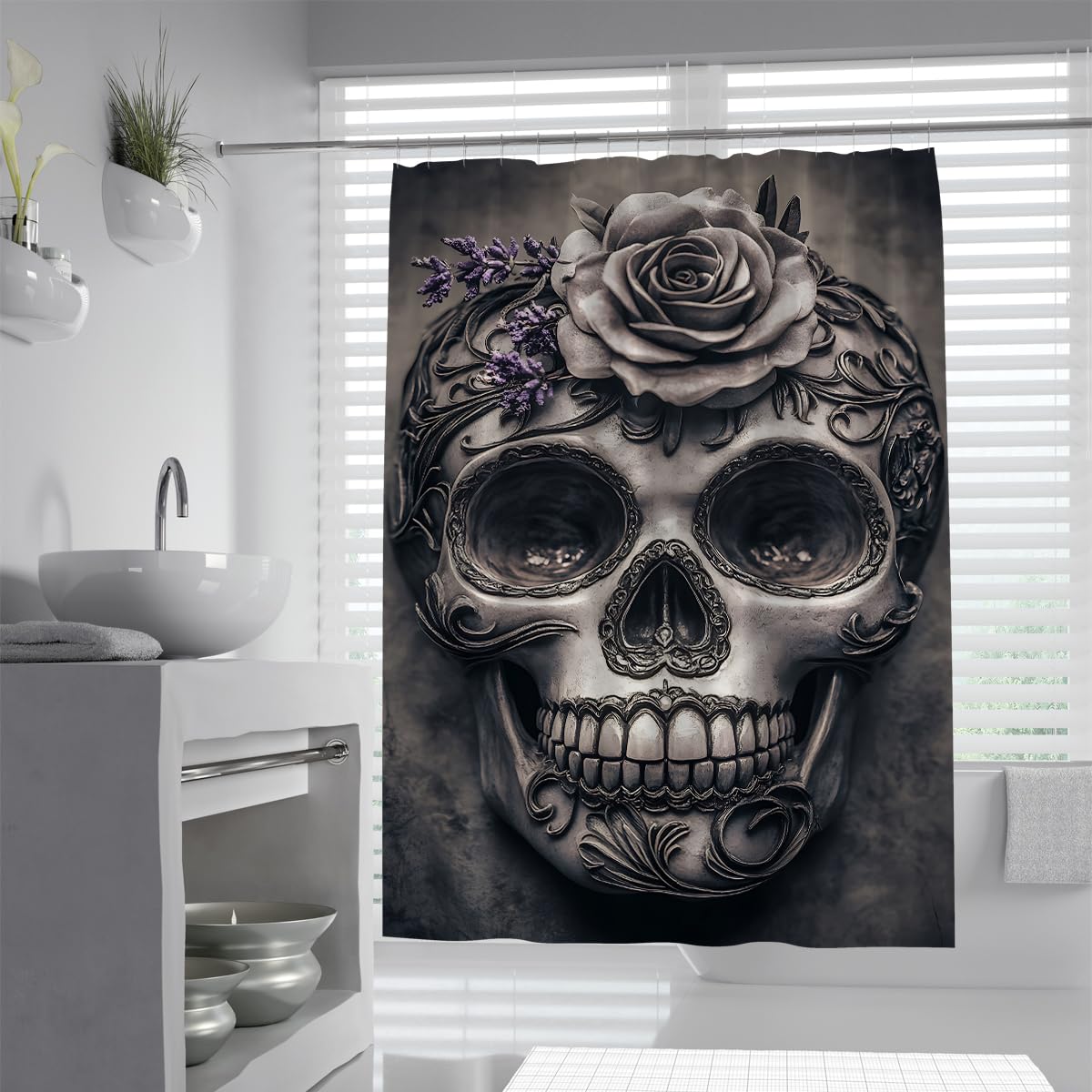 UIRINGART Mexican Skull Bathroom Curtain W90xL180cm Vintage Gothic Rose Skeleton Head Water Repellent Quick Dry Polyester Rustproof Grommets Shower Curtains